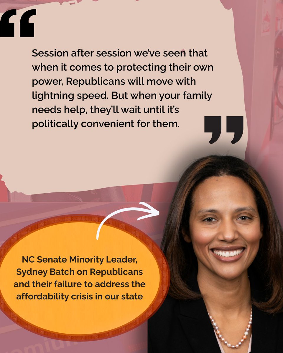 ncmegaphone's tweet photo. The North Carolina legislature has voted to suspend the state's gas tax until the end of the month. Check out what NC Senate Minority leader (District 17), Syndey Batch, had to say about Republicans failing to adequately address the affordability crisis in our state. #ncpol #nc https://t.co/4KLrBGROPF