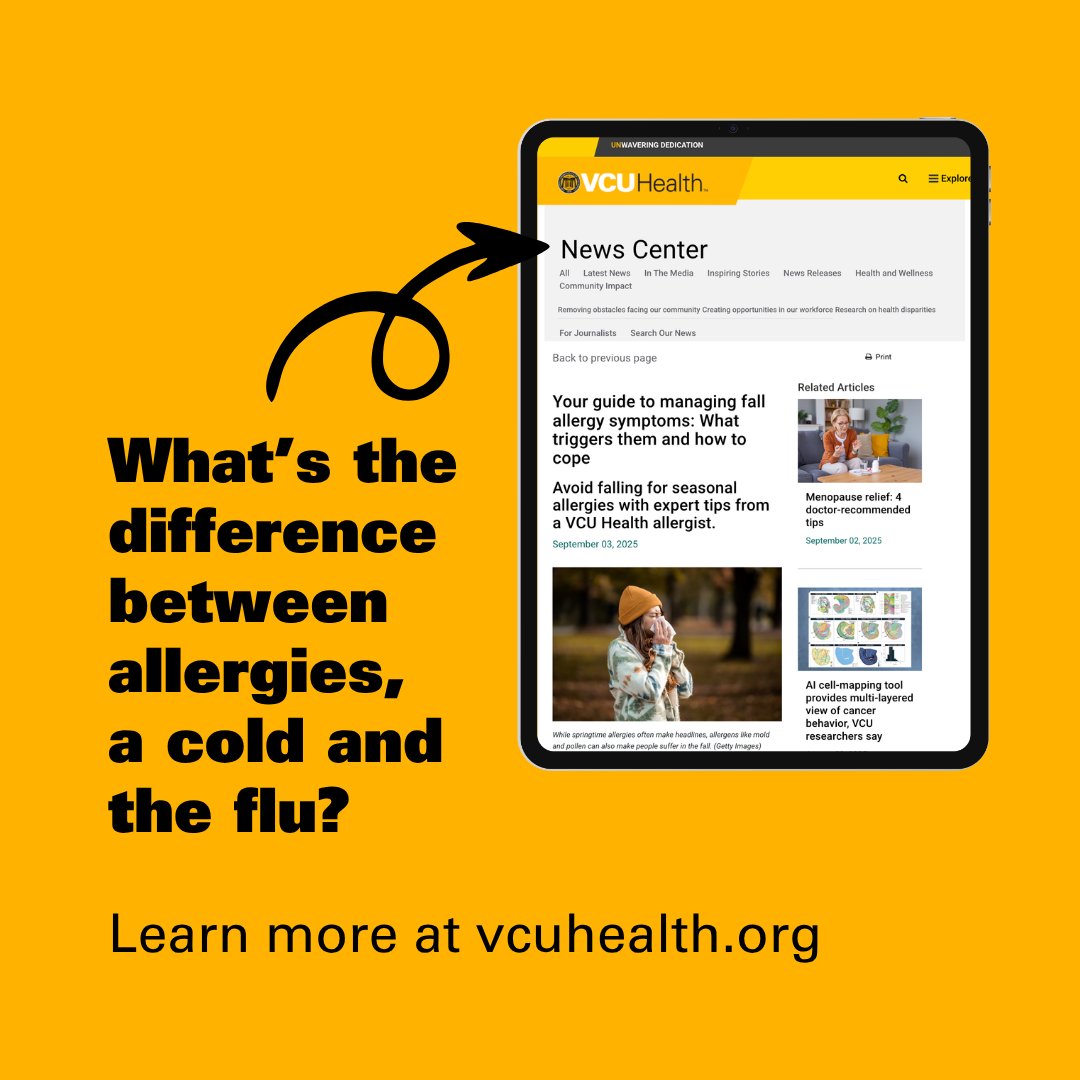 VCUHealth's tweet photo. Avoid falling for seasonal allergies with expert tips from a VCU Health allergist. https://t.co/An5aoWfcna 🍂🤧 https://t.co/trCAEbJuao