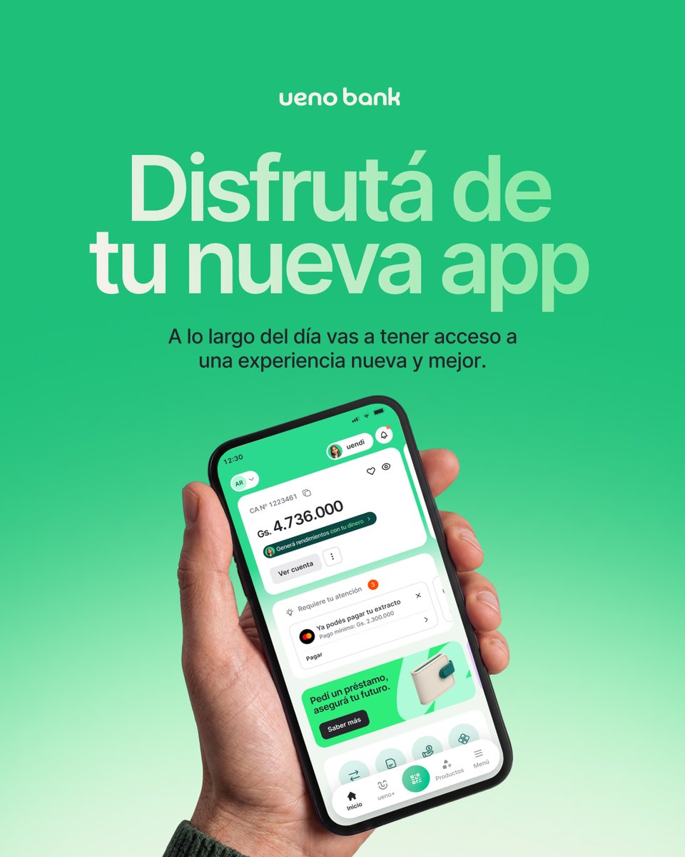uenopy's tweet photo. Tu app se está renovando para vos! 💚📱

Estamos preparando una experiencia mucho más simple y personalizada, con nuevos atajos para tus operaciones diarias, tus productos financieros en un solo lugar y todo lo que necesitás más a mano.

✨ A lo largo del día, podrás ir descubriendo todas las novedades de la nueva app de ueno bank, pensada para acompañarte cada vez mejor.

#uenobank