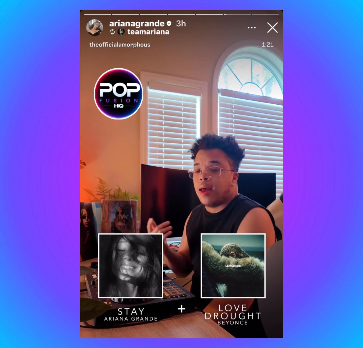PopFusionHQ's tweet photo. Ariana Grande has uploaded a mashup of her song “stay” and Beyoncé’s “Love Drought” to her Instagram Story. https://t.co/JLXKfXCEdL