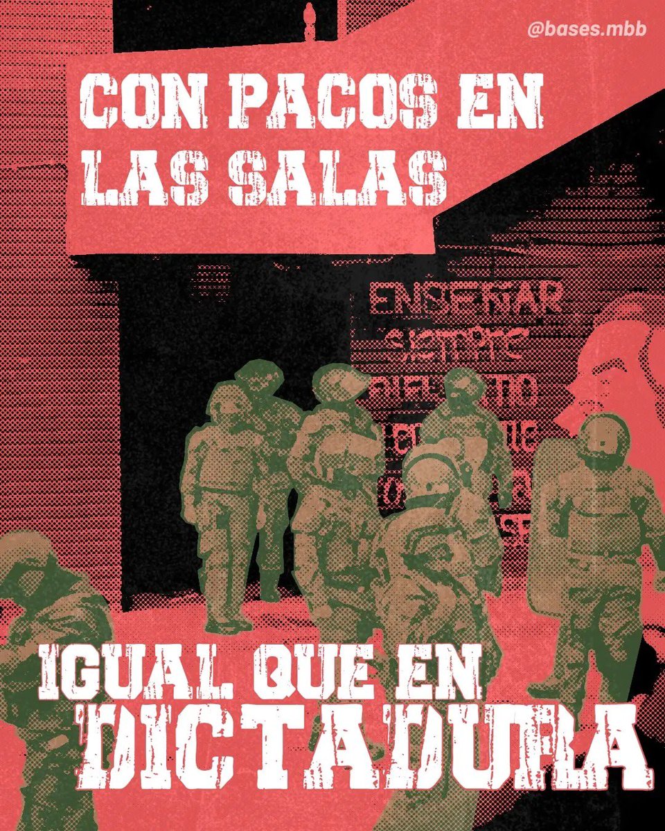 Murosyresisten's tweet photo. DIFUNDIMOS | 

"CON PACOS EN LAS SALAS, IGUAL QUE EN DICTADURA

Lo ocurrido hoy no puede normalizarse. Es el punto de inflexión dentro de una comunidad que desde hace tiempo lleva deteriorándose. 
No podemos normalizar la violencia estatal, las detenciones sin justificación, los golpes, los gases o la toxicidad que merma cotidianamente nuestro liceo. 
Todos sabemos quienes son los culpables. En este momento aún hay compañeros detenidos. No nos quedemos callados". 

BASES Liceo Manuel Barros Borgoño