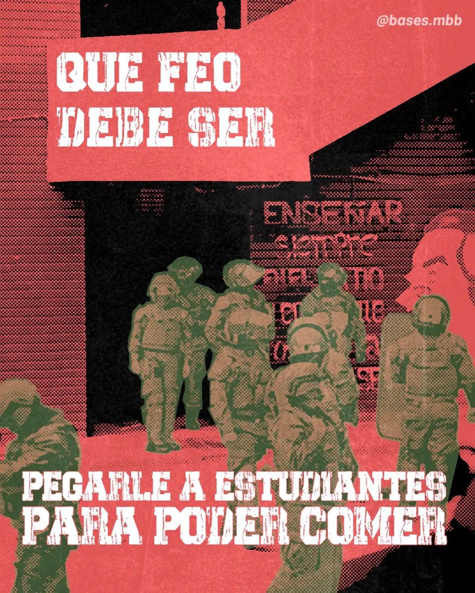 Murosyresisten's tweet photo. DIFUNDIMOS | 

"CON PACOS EN LAS SALAS, IGUAL QUE EN DICTADURA

Lo ocurrido hoy no puede normalizarse. Es el punto de inflexión dentro de una comunidad que desde hace tiempo lleva deteriorándose. 
No podemos normalizar la violencia estatal, las detenciones sin justificación, los golpes, los gases o la toxicidad que merma cotidianamente nuestro liceo. 
Todos sabemos quienes son los culpables. En este momento aún hay compañeros detenidos. No nos quedemos callados". 

BASES Liceo Manuel Barros Borgoño