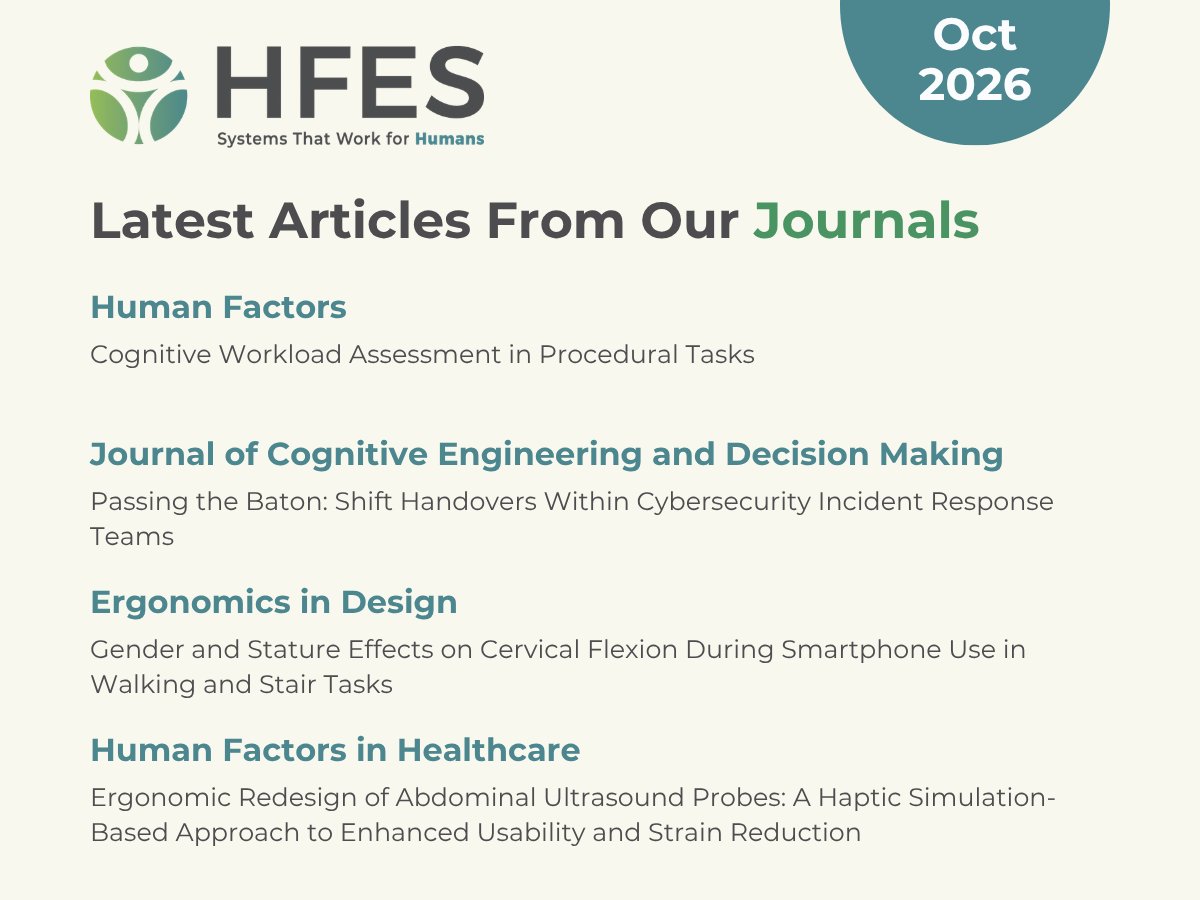 HFES's tweet photo. Check out our editors’ picks from HFES journals!

Human Factors: https://t.co/bEUtS0Fxq6
Journal of Cognitive Engineering and Decision Making: https://t.co/ib9t3Wket9
Ergonomics in Design: https://t.co/OlzBf59sjx
Human Factors in Healthcare: https://t.co/HIzC5FflaL https://t.co/AUj1DNSHSJ