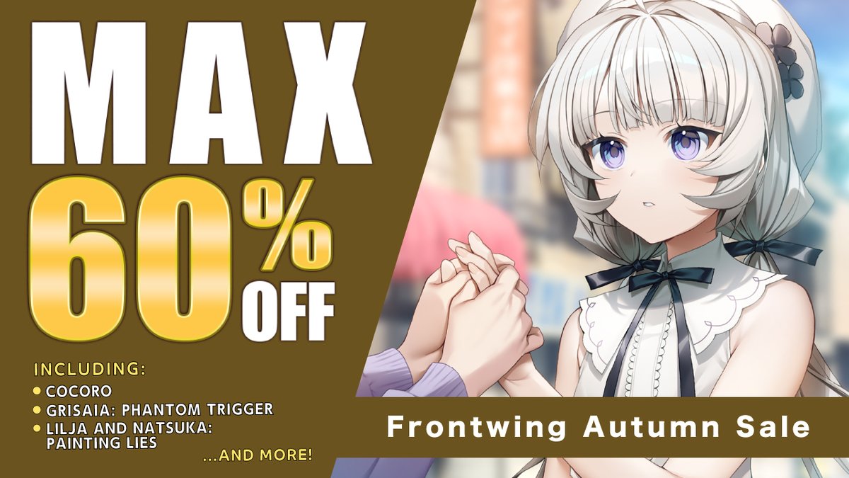 FrontwingInt's tweet photo. The Frontwing Autumn Sale is underway!
Check out the awesome discounts on Frontwing USA titles, including COCORO, Lilja and Natsuka: Painting Lies, and Perennial Dusk -Kinsenka-!
https://t.co/DCMTb6M2eQ https://t.co/0YLmBh38Wn