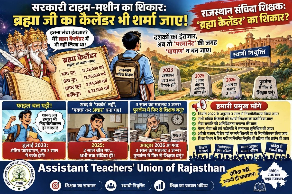 ATUR2023's tweet photo. राजस्थान संविदा शिक्षक: ‘ब्रह्मा कैलेंडर’ का शिकार!*

*राजस्थान कॉन्ट्रैक्चुअल रूल्स 2022: एक ऐसी टाइम-मशीन जिसमें 3 साल = 3 जन्म!*

नमस्कार सरकार,
एक कहानी सुनिए।

*नियमों की किताब में लिखा है:*
Rajasthan Contractual Hiring to Civil Posts Rules, 2022 के अनुसार संविदा पर लगे कार्मिकों को 5 साल में नियमित किया जाएगा, और उसमें 2 साल की विशेष छूट दी गई है। सीधा गणित है - 5 में से 2 गए, बचे 3। मतलब 3 साल की सेवा के बाद पक्के।

*हमारा गणित:*
हमारी अंतिम पदस्थापन: *जुलाई-अगस्त 2023*
आज का महीना: *अक्टूबर 2026*
हमने स्कूल में बच्चों को गिनती सिखाई, खुद भी गिन ली - पूरे *3 साल* हो गए।

*सरकार का गणित:*
सरकार का कैलेंडर हमारे वाला नहीं, ब्रह्मा जी वाला है।
हमने ब���रह्मा जी से पूछा तो वो भी बोले - 
"इतना लंबा इंतजार? मेरे ब्रह्मा कैलेंडर में भी नहीं लिखा था!
मेरे यहाँ तो सत्य युग 17,28,000 साल का होता है, पर तुम्हारा 3 साल उससे भी लंबा लग रहा है!"

हमारा सफर कुछ ऐसा रहा:
*जुलाई 2023:* फाइल चल पड़ी! लगा अब तो जीवन पक्का।
*2025:* 2 साल बीत गए... शब्द थे ‘पक्के’ नहीं, *‘पक कर अचार’* बना रहे हैं! हम अभी तक संविदा ही हैं।
*अक्टूबर 2026:* अब तो हालत ये है - 3 साल का मतलब 3 जन्म? क्या पुनर्जन्म में ��िर से शिक्षक बनना पड़ेगा? दशकों का इंतजार, अब तो ‘परमानेंट’ की जगह ‘पाषाण’ न बन जाए!

हम संविदा के अनिश्चित भविष्य के बीच भी पूरी निष्ठा से पढ़ा रहे हैं, क्योंकि बच्चे इंतजार नहीं करते। पर सवाल तो बनता है:

जब नियम आपने बनाया, छूट आपने दी, 3 साल हमने ईमानदारी से काट लिए, तो फिर हमारे नियमितीकरण की फाइल किस ‘सरकारी टाइम-मशीन’ में अटकी है जो 3 साल को 3 युग बना रही है?

*असिस्टेंट टीचर्स यूनियन ऑफ़ राजस��थान (ATUR) की ओर से सरकार से सीधी माँग नहीं, गुहार है:*

1.  नियम 2022 के अनुसार 3 साल पूर्ण कर चुके सभी संविदा सहायक शिक्षकों की स्क्रीनिंग तुरंत शुरू की जाए।
2.  नियमित कैडर में समायोजन की प्रक्रिया को कागज से निकालकर धरातल पर लाया जाए।
3.  शिक्षा विभाग में अचार बन चुके इस मुद्दे को अब तो परोसा जाए!

हमें भरोसा है, सरकार सुनेगी। क्योंकि शिक्षक का सम्मान, स्थायी नियुक्ति से ही है।

संविदा नहीं, स्थायी ही समाधान!

@BhajanlalBjp @MadanDilawar @rajeduofficial @TikaRamJullyINC @DIPRRajasthan

#RajasthanAssistantTeachers #BrahmaCalendar #पक्क_कर_अचार_बन_गए #संविदा_से_स्थायी_तक #RajasthanEducationReform #PermanentAssistantTeachers