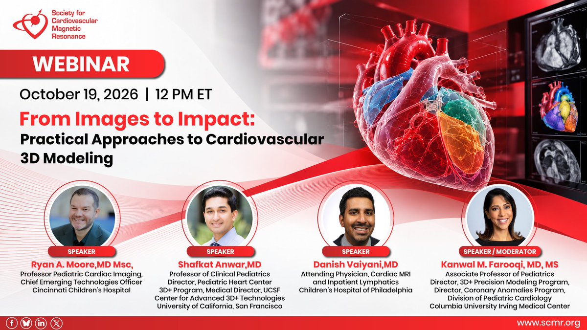 SCMRorg's tweet photo. 🫀 From Images to Impact: Practical Approaches to Cardiovascular 3D Modeling

Join SCMR experts for a practical webinar on implementing &amp; sustaining clinical 3D modeling workflows.

📅 October 19, 2026 | ⏰ 12 PM ET

👉 Register: https://t.co/ALQKJuo8Xx

#SCMR #CMR #3DModeling https://t.co/v68auMBZkF