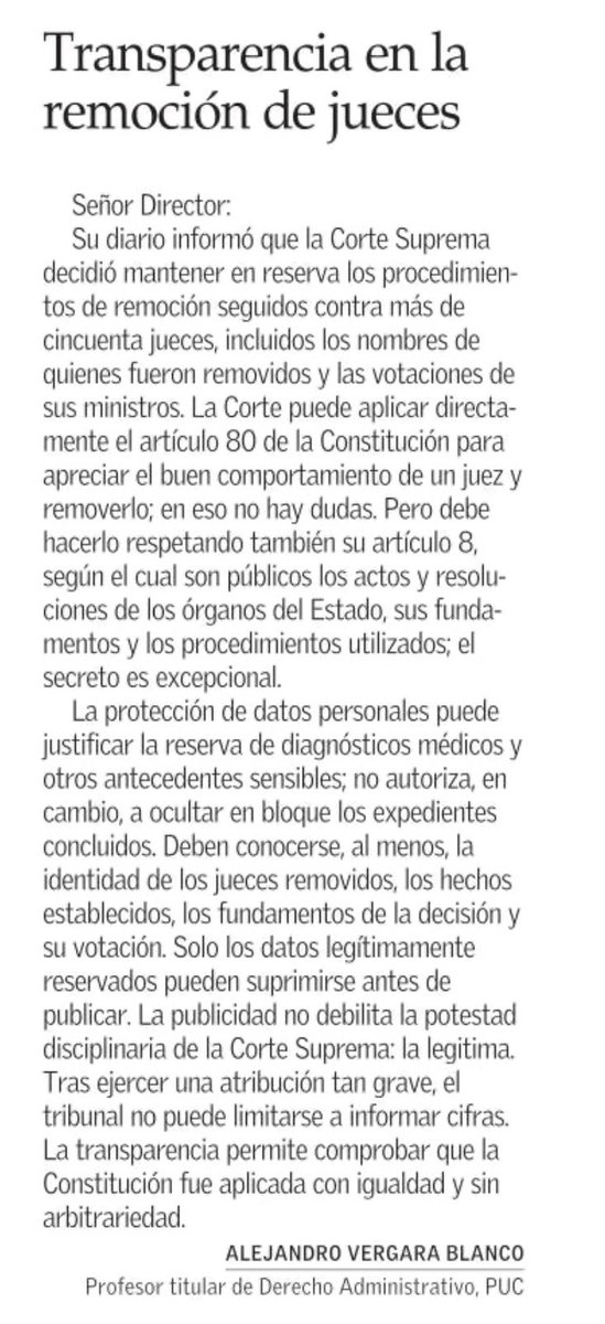 vergara_blanco's tweet photo. Comparto carta al director enviada el sábado 03 de octubre, en la cual sostengo que la Corte Suprema, al ejercer su facultad del art. 80 de la Constitución, debe respetar también el art. 8: los procedimientos de remoción son públicos y el secreto es excepcional. https://t.co/j7QCDnXVm3