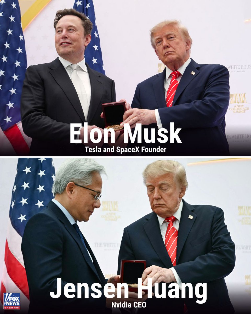 FoxBusiness's tweet photo. NEW: President Trump honors six of America’s most prominent tech leaders with two of the nation’s highest awards for science and innovation.

Elon Musk, Google co-founder Sergey Brin, NVIDIA CEO Jensen Huang, AMD CEO Lisa Su, Dell Technologies CEO Michael Dell, and Microsoft CEO Satya Nadella were recognized for their contributions to scientific discovery and technological advancement.

The honors were presented at the Golden Age of American Innovation Summit, spotlighting leaders behind major advances in AI, computing and other cutting-edge technologies.