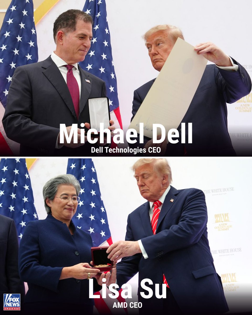 FoxBusiness's tweet photo. NEW: President Trump honors six of America’s most prominent tech leaders with two of the nation’s highest awards for science and innovation.

Elon Musk, Google co-founder Sergey Brin, NVIDIA CEO Jensen Huang, AMD CEO Lisa Su, Dell Technologies CEO Michael Dell, and Microsoft CEO Satya Nadella were recognized for their contributions to scientific discovery and technological advancement.

The honors were presented at the Golden Age of American Innovation Summit, spotlighting leaders behind major advances in AI, computing and other cutting-edge technologies.