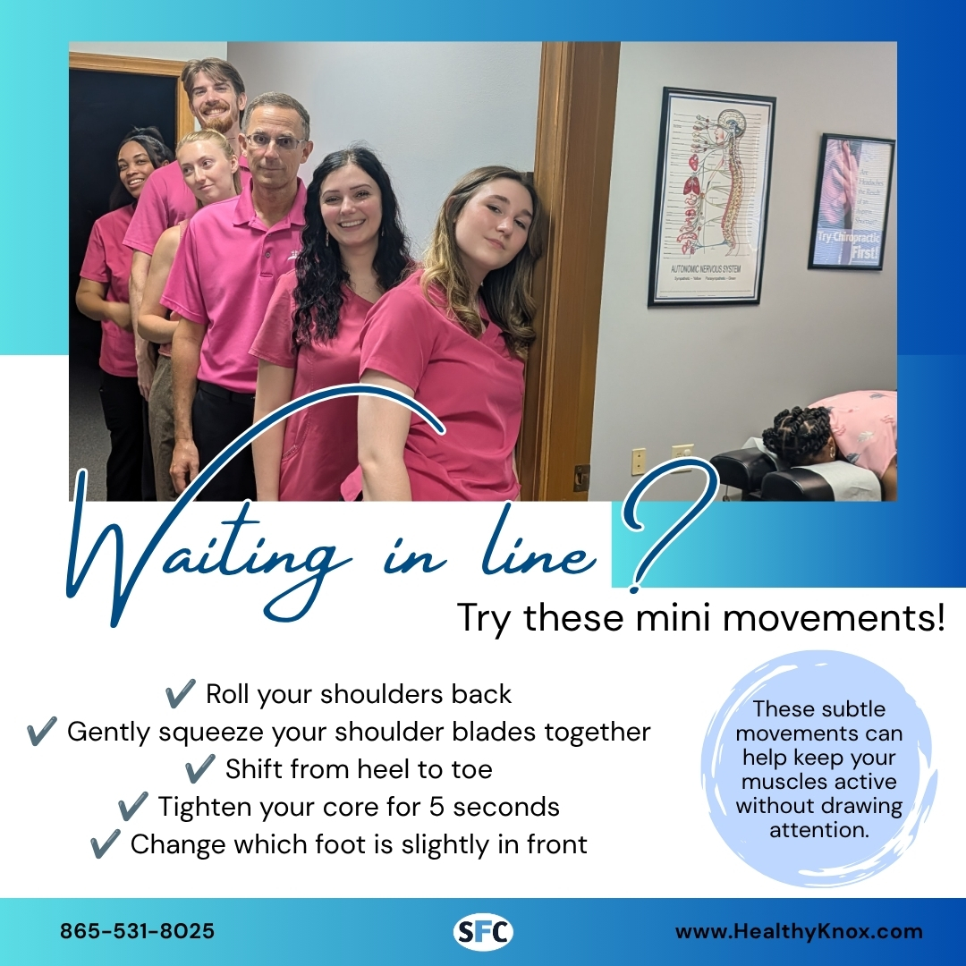 HealthyKnox's tweet photo. Stuck in line? Put that waiting time to work!
A few simple movements throughout the day can help you stay mobile and break up all that standing around. Give them a try the next time you’re waiting!
#HealthyKnox #MiniMovements #MovementIsMedicine #DailyMovement #HealthyHabits https://t.co/G7PJcB83sn