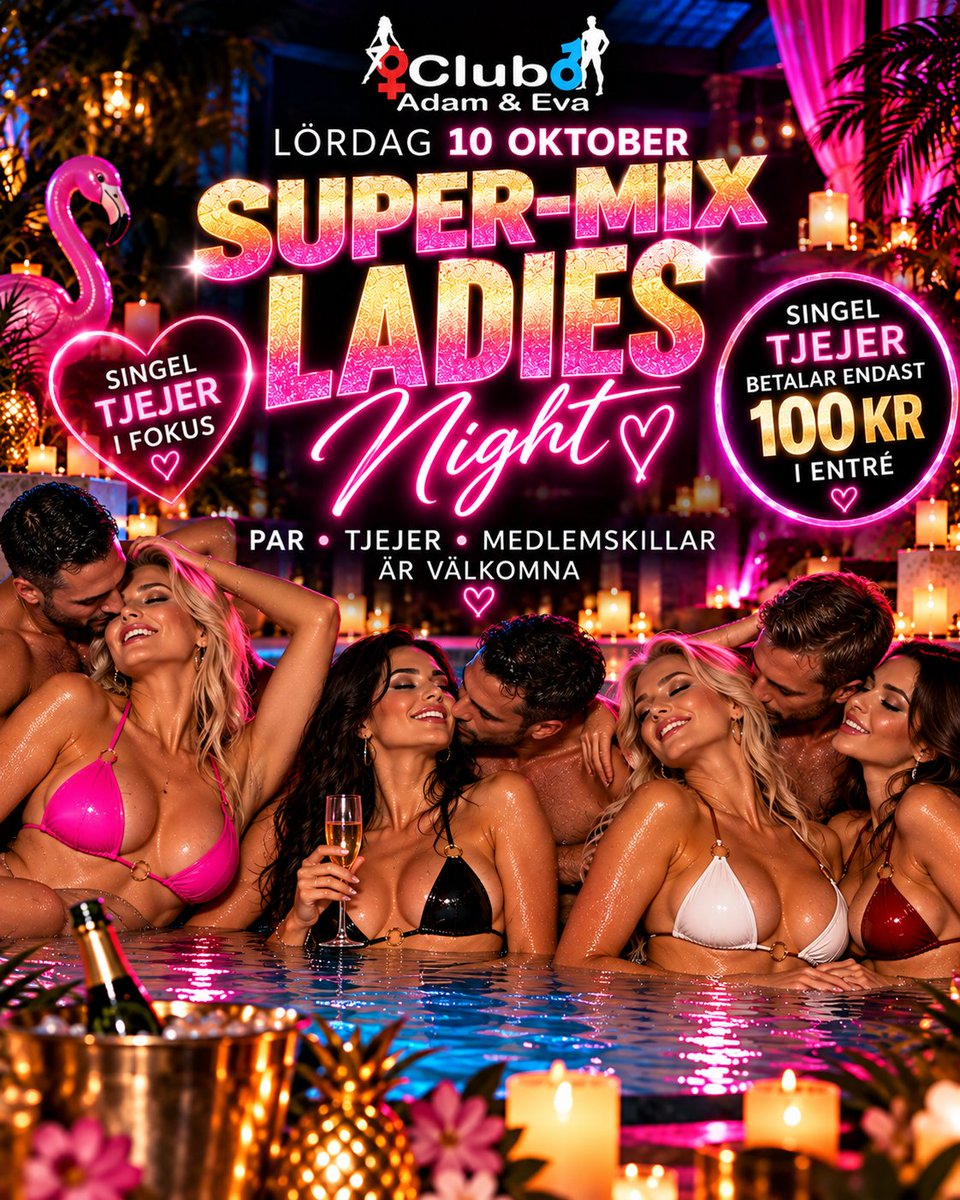 ClubAdamEva's tweet photo. 🔥 SUPER-MIX LADIES NIGHT – lördag 10 oktober!
💃 Singeltjejer: endast 100 kr entré
❤️ Par välkomna
💃 Tjejer välkomna
💙 Medlemskillar välkomna
Vi vill ha många singeltjejer på plats! 😍#SuperMix #LadiesNight #Singeltjejer #Norrköping #SwingersSweden #ClubAdamEva https://t.co/nkURPNYz7M