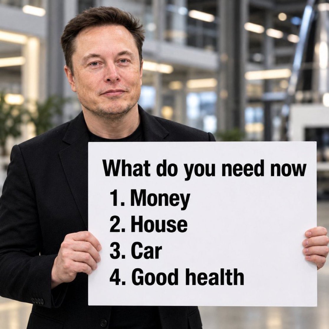 Elonsru's tweet photo. If you could choose just ONE right now, what would it be? 👇

💰 Money
🏠 House
🚗 Car
❤️ Good health https://t.co/Iq8CaAIqTz