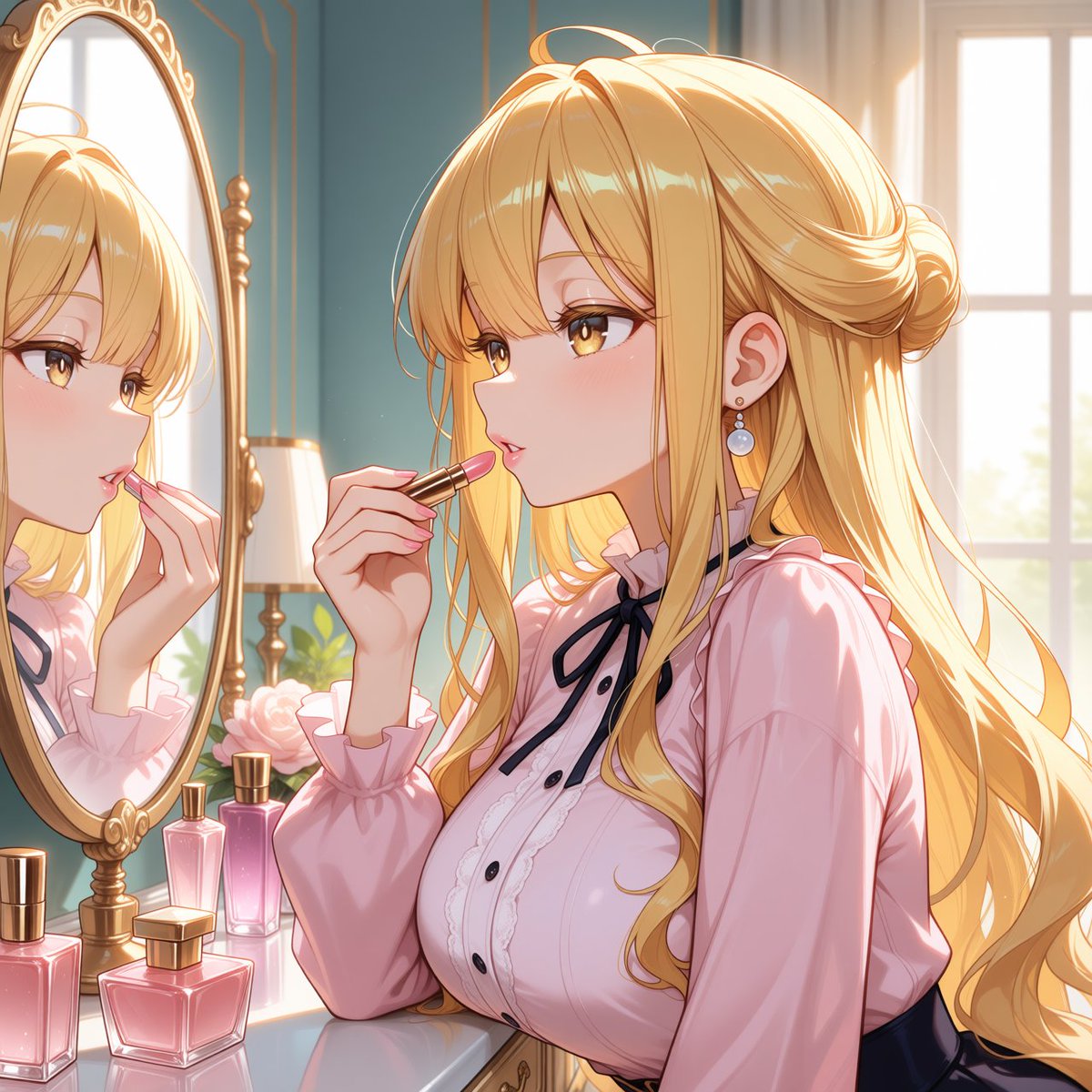 fdrprtkv's tweet photo. Good morning! ☀️ 
Mukuro looks absolutely breathtaking adding the final touches to her makeup. I wish I could be the lucky one waiting for her outside right now, wouldn't you? 💄✨
#AIart #DateALive #MukuroHoshimiya #デート・ア・ライブ #星宮六喰 #AIイラスト https://t.co/diGRgUVMgZ