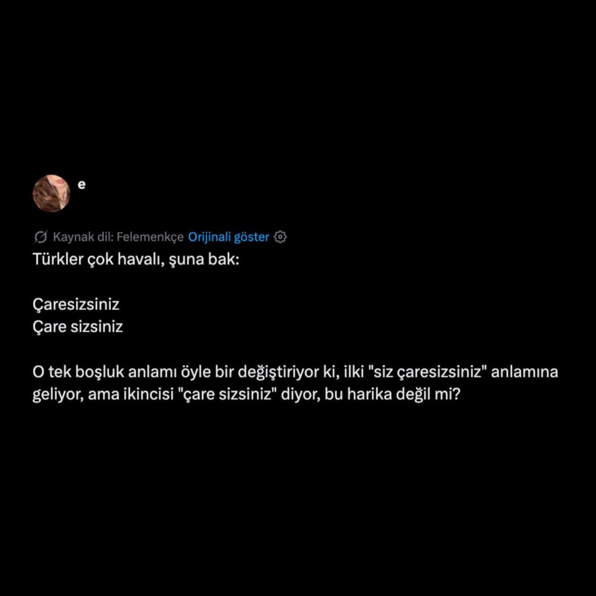 Globalite56's tweet photo. 🇳🇱 Hollandalı bir sosyal medya kullanıcısı, Türkçeye hayranlığını dile getirdi.

"O tek boşluk anlamı öyle bir değiştiriyor ki." https://t.co/jX7WKxoSnB
