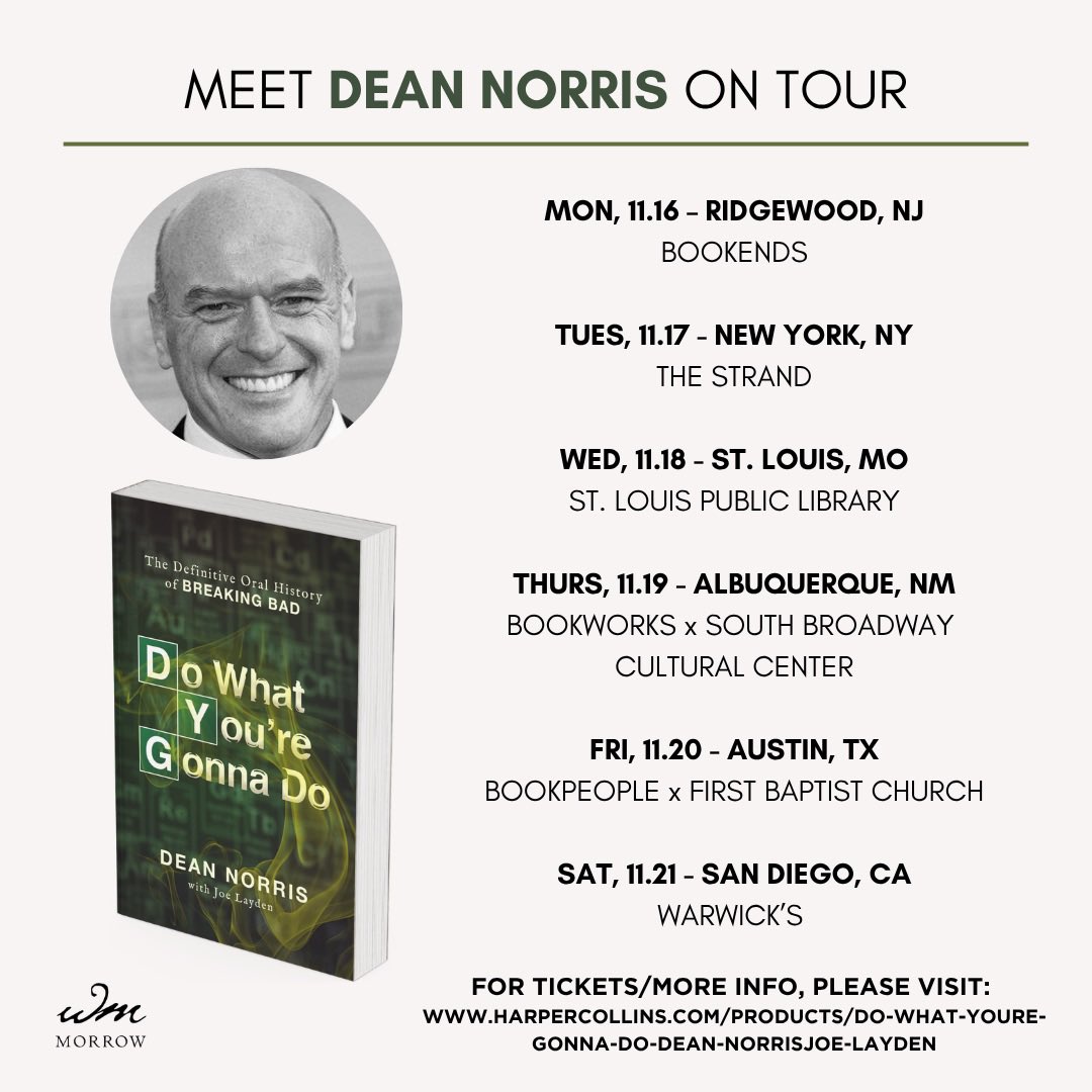 deanjnorris's tweet photo. Nearly 20 years ago, I auditioned to play a DEA agent named Hank Schrader on a strange little show about a chemistry teacher cooking meth. I had no idea it would change my life.
 
Breaking Bad gave me the role of a lifetime and some of the best friends and memories a guy could ask for. That’s why I wanted to write DO WHAT YOU’RE GONNA DO: to tell the story of how this crazy show came together and the people who made it so special.
 
Now I’m hitting the road to talk about it with all of you. Tickets are on sale now at the link in my bio. Come say hi, ask me anything, and tell me to tread lightly.