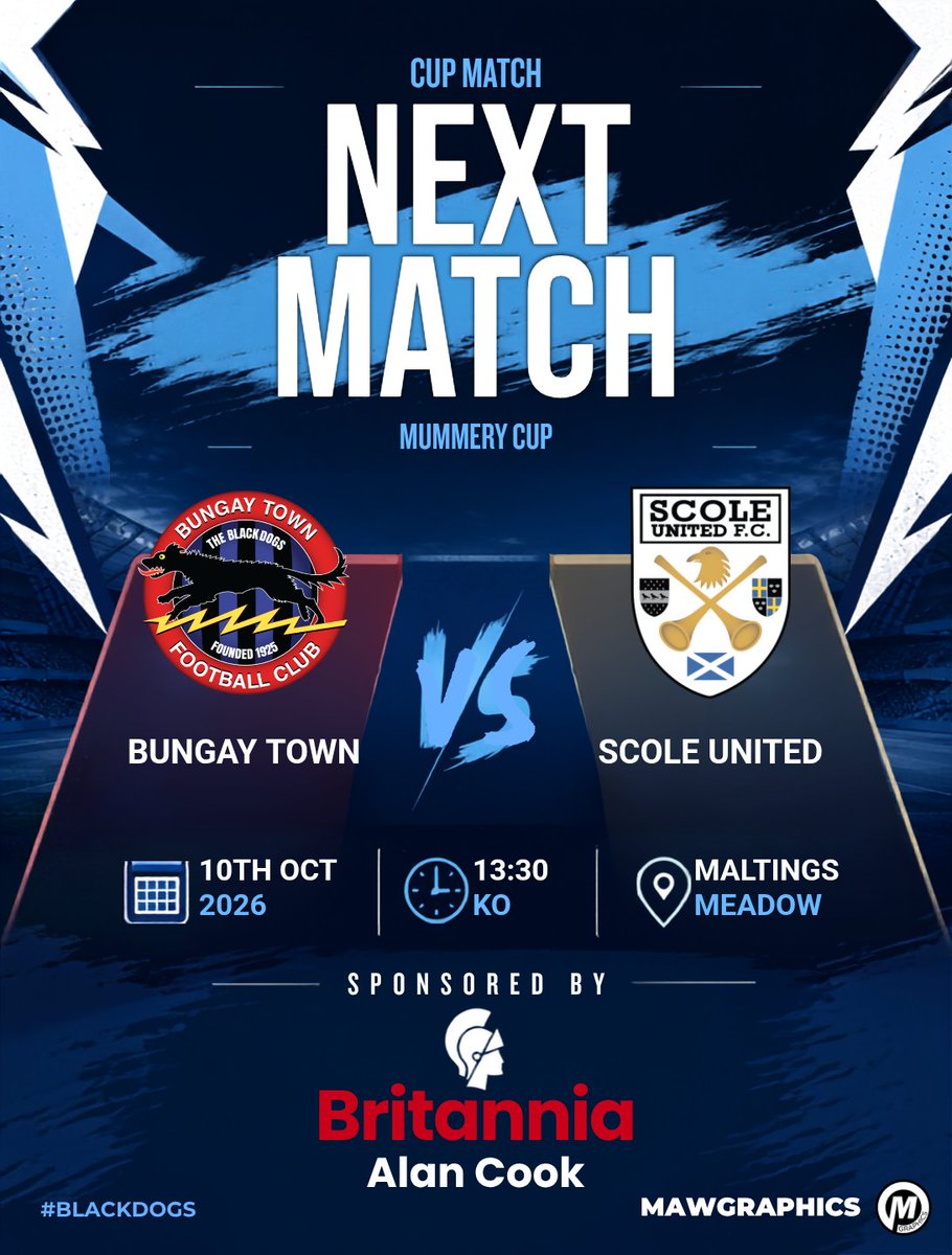 BungayTownFC's tweet photo. The first team welcome @ScoleUnited with a place in the Mummery Cup Quarters up for grabs 

Bar will be open, paper programmes available. We would love to see some ground hoppers visiting our fantastic facilities 

Come down and back the lads!

#UpTheBlackDogs #groundhopping 🔵⚫️ https://t.co/43I4SD1eyX
