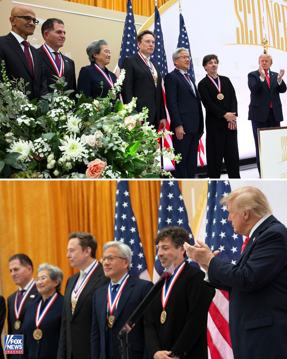 FoxBusiness's tweet photo. NEW: President Trump honors six of America’s most prominent tech leaders with two of the nation’s highest awards for science and innovation.

Elon Musk, Google co-founder Sergey Brin, NVIDIA CEO Jensen Huang, AMD CEO Lisa Su, Dell Technologies CEO Michael Dell, and Microsoft CEO Satya Nadella were recognized for their contributions to scientific discovery and technological advancement.

The honors were presented at the Golden Age of American Innovation Summit, spotlighting leaders behind major advances in AI, computing and other cutting-edge technologies.