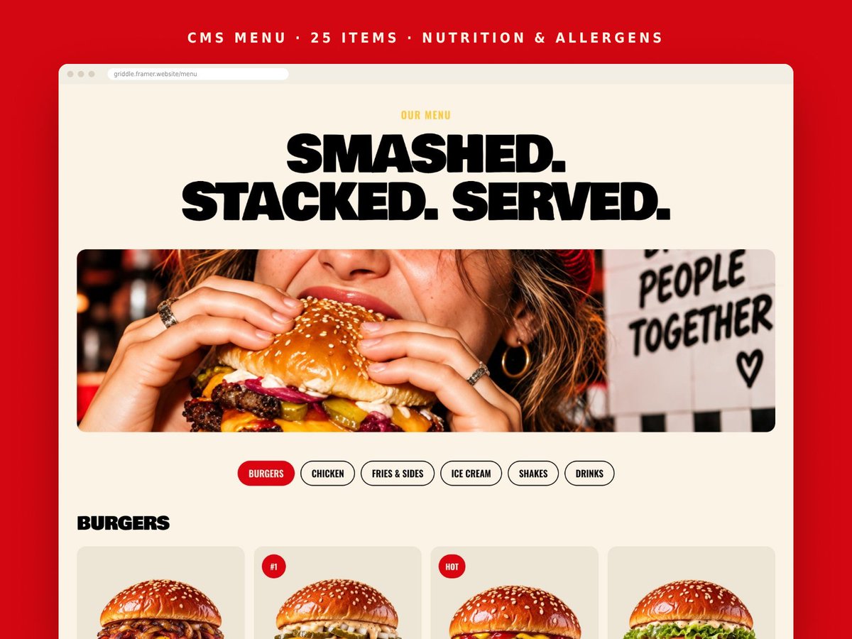 alexmgraph's tweet photo. Spent a few evenings building a smash burger site that I'd actually want to order from.

Turned it into a free Framer template. Steal it 🍔

https://t.co/EFCWgNHby4 https://t.co/8UEpYMJnP7