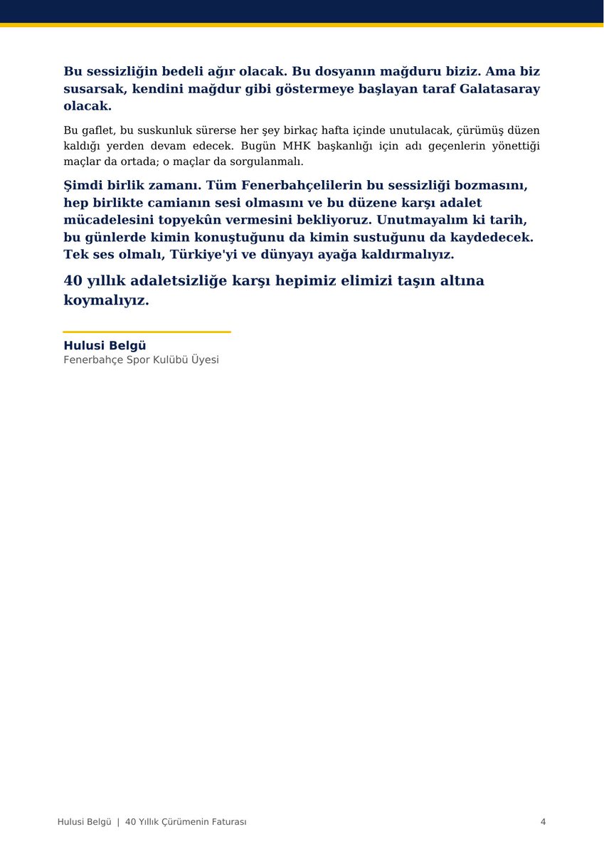 HulusiBelgu's tweet photo. Hakem sorunu demişiz, "başarısızlığa bahane arıyorsunuz" dediler.
Rakamlara "propaganda" dediler.
MHK'ya "zarar vereceksiniz" dediler.

Bugün soruşturma başladı. Hakemlere yıldırma, sınav kâğıdında sahtecilik, kişisel veriler.

Haklı çıkan Fenerbahçe'dir! 

Son 10 sezonda  Fenerbahçe için 6 ikincilik.
Aynı faul sayısına farklı kart.
Galatasaray ise ligde sağlam, Avrupa'da düşük.

Bu dosya Fenerbahçe'nin dosyasıdır. Kişilerin değil. Hepimiz konuyu gündemde tutup gerçek suçlunun cezalanması için çalışmalıyız !

Şimdi birlik zamanı.

Tüm yazım ve talep listesi 👇

#Fenerbahçe #MHK #TFF