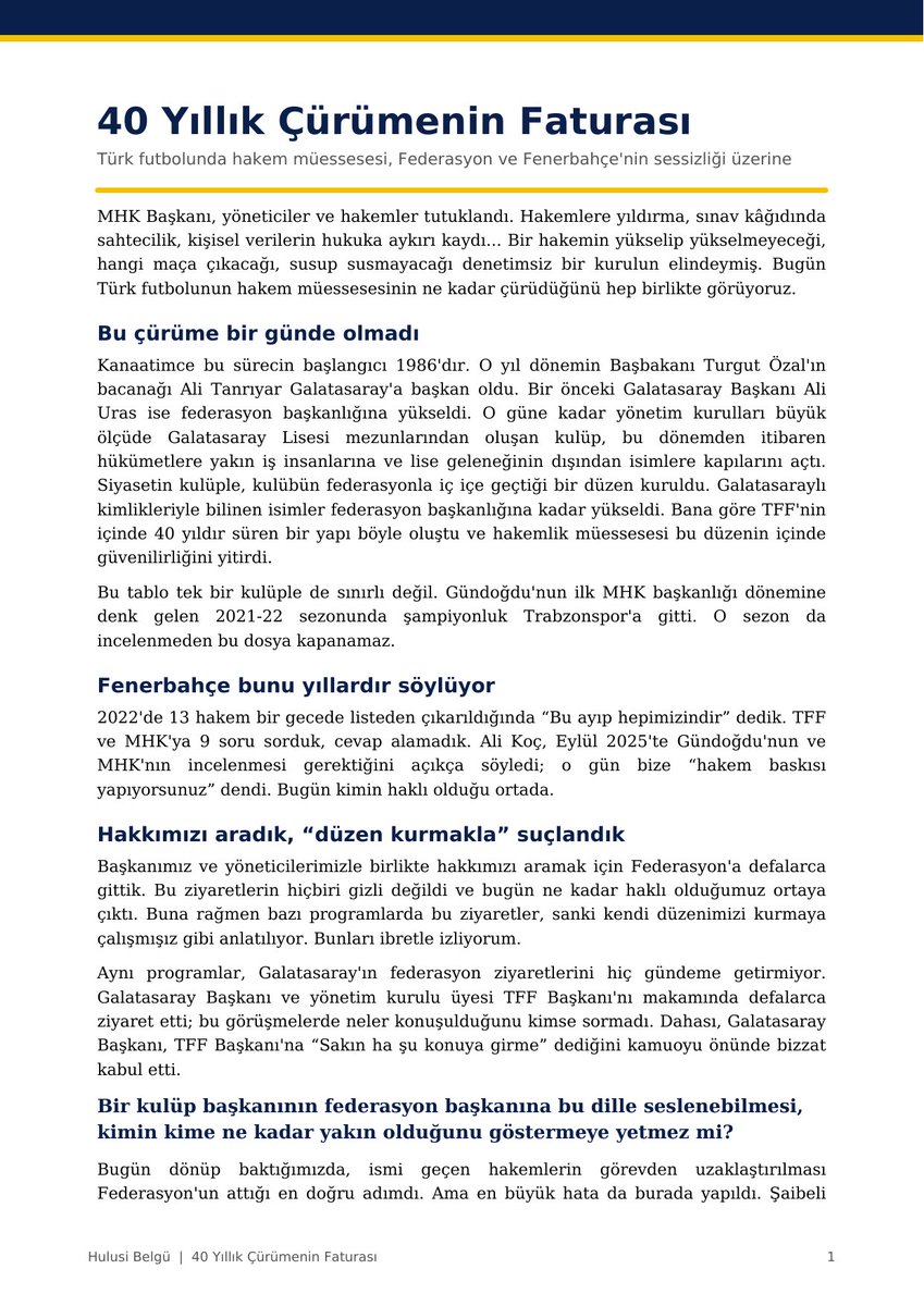 HulusiBelgu's tweet photo. Hakem sorunu demişiz, "başarısızlığa bahane arıyorsunuz" dediler.
Rakamlara "propaganda" dediler.
MHK'ya "zarar vereceksiniz" dediler.

Bugün soruşturma başladı. Hakemlere yıldırma, sınav kâğıdında sahtecilik, kişisel veriler.

Haklı çıkan Fenerbahçe'dir! 

Son 10 sezonda  Fenerbahçe için 6 ikincilik.
Aynı faul sayısına farklı kart.
Galatasaray ise ligde sağlam, Avrupa'da düşük.

Bu dosya Fenerbahçe'nin dosyasıdır. Kişilerin değil. Hepimiz konuyu gündemde tutup gerçek suçlunun cezalanması için çalışmalıyız !

Şimdi birlik zamanı.

Tüm yazım ve talep listesi 👇

#Fenerbahçe #MHK #TFF