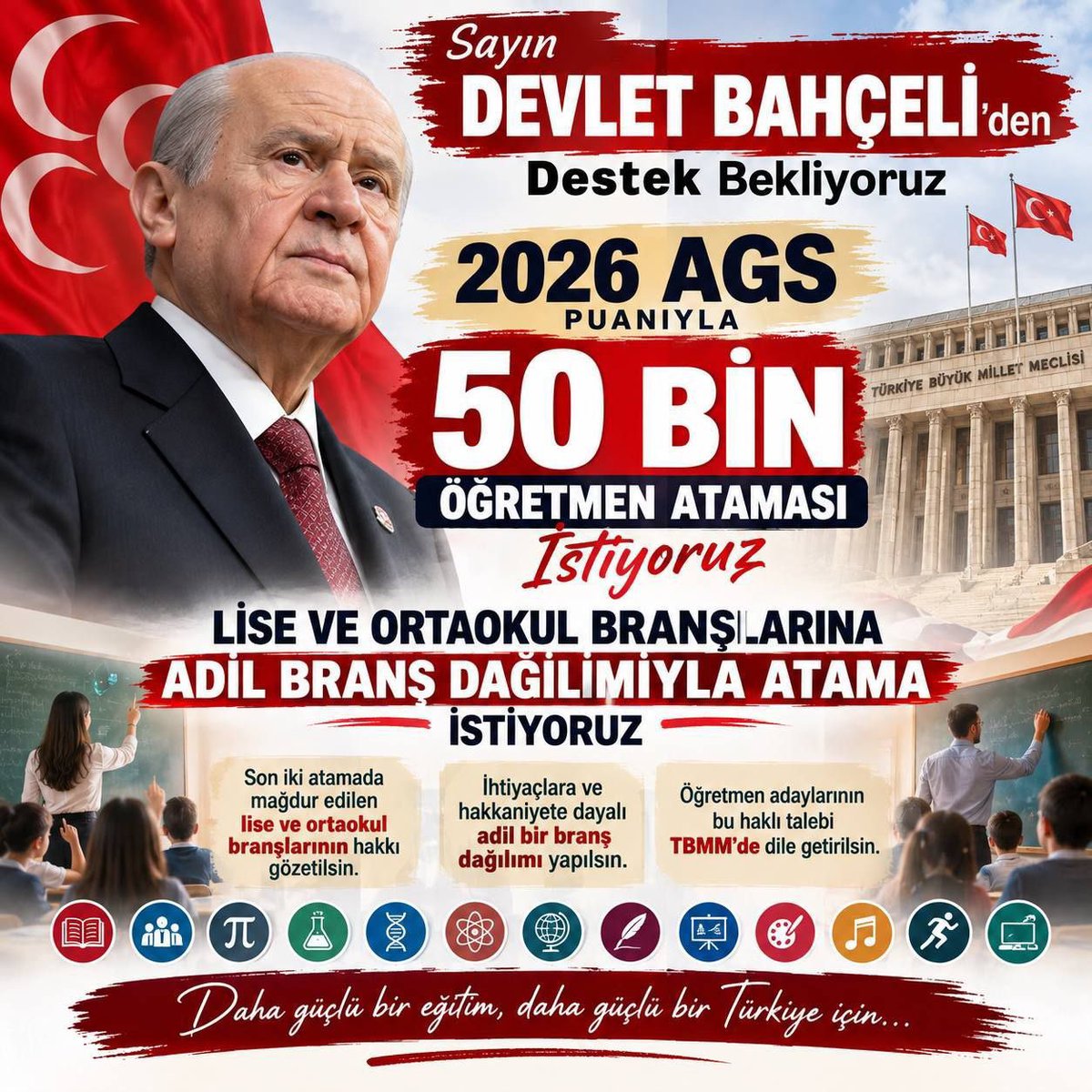 GurcanKur's tweet photo. Ortaokul ve lise öğretmenlerinin yaşadığı kontenjan mağduriyeti son bulmalıdır. 2026 AGS sonrasında 50 bin genel kontenjan açıklanmalı, tüm branşlarımıza adil kontenjan ayrılmalıdır
@dbdevletbahceli @turkegitimsen @profzuhaltopcu
#AdilBranşAgs50BinBahçeliden https://t.co/BjNYQ7rtVv
