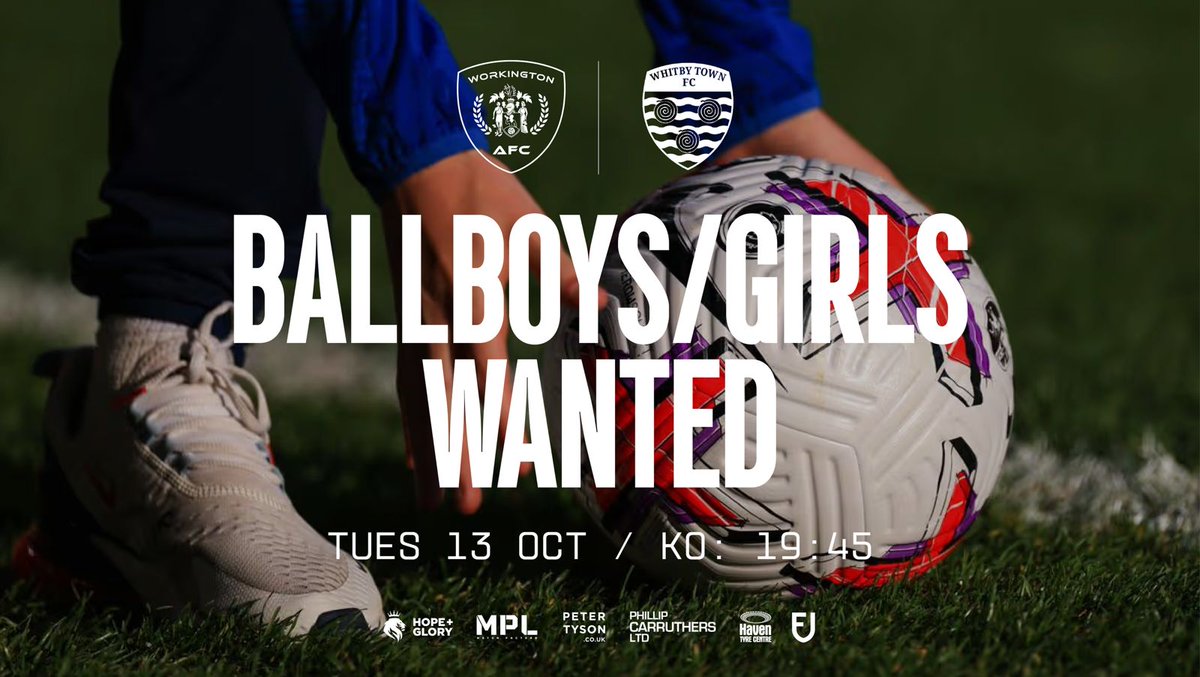 WorkingtonAFC's tweet photo. Ballboys/Girls wanted for the Whitby Town game.
We are looking for children to be Ballboys/Girls for our forthcoming home game against Whitby Town on Tuesday 13th October.
https://t.co/O4SrFtcHMR
#WeGoTogether #RedWhereverWeAre #OurTownOurTeam https://t.co/WxrffrGNs7