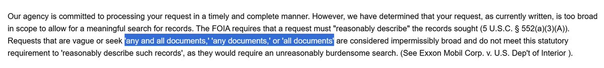 FOIANate's tweet photo. Newish fad is agencies trying to get out of doing the work of processing FOIAs by refusing to accept them as early as possible. 

But claiming language stating "any documents..." or "all documents... " automatically makes a request overly broad is a new level of insulting. https://t.co/oHxTySpZ0V