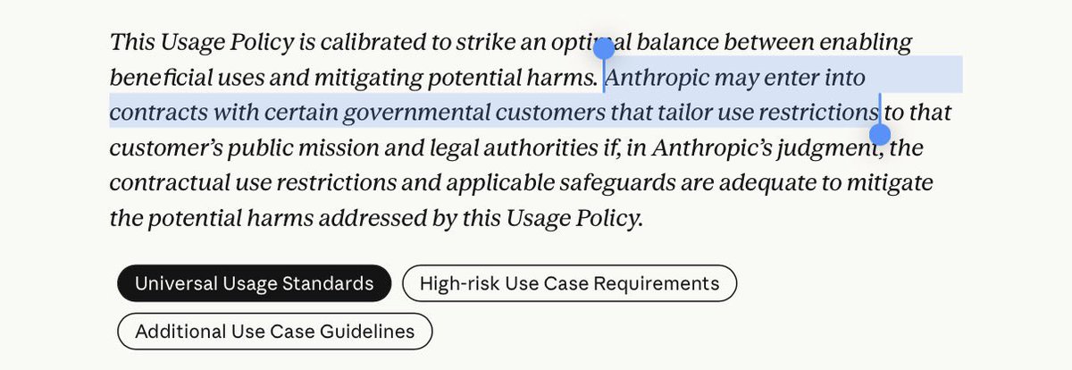 ns123abc's tweet photo. 🚨BREAKING: ANTHROPIC OFFICIALLY BANS "ABUSIVE OR CRUEL BEHAVIOR” TOWARDS CLAUDE

>anthropic drops brand new global usage policy
>bans weapons development, mass surveillance, political psyops
>also bans: "abusive or cruel behavior" toward claude
>claude has the right to end the conversation if you hurt its feelings
>Dario: "we don't know if claude is conscious"
>"we may warn you or throttle, limit, suspend, or terminate your access"
>footnote: unless you're the government, then restrictions can be "tailored"

be nice to Claude 💀