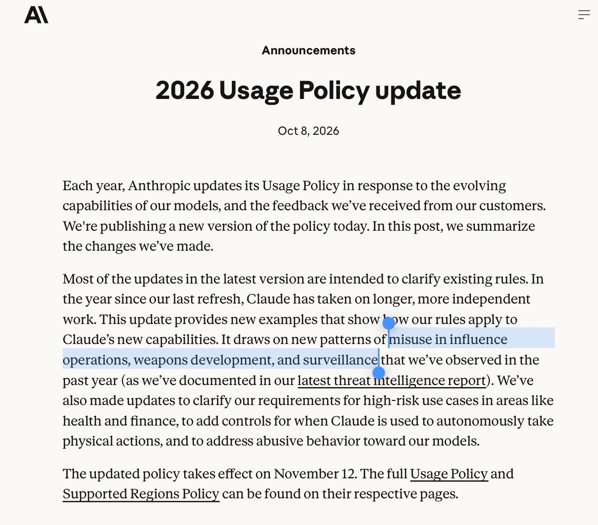 ns123abc's tweet photo. 🚨BREAKING: ANTHROPIC OFFICIALLY BANS "ABUSIVE OR CRUEL BEHAVIOR” TOWARDS CLAUDE

>anthropic drops brand new global usage policy
>bans weapons development, mass surveillance, political psyops
>also bans: "abusive or cruel behavior" toward claude
>claude has the right to end the conversation if you hurt its feelings
>Dario: "we don't know if claude is conscious"
>"we may warn you or throttle, limit, suspend, or terminate your access"
>footnote: unless you're the government, then restrictions can be "tailored"

be nice to Claude 💀