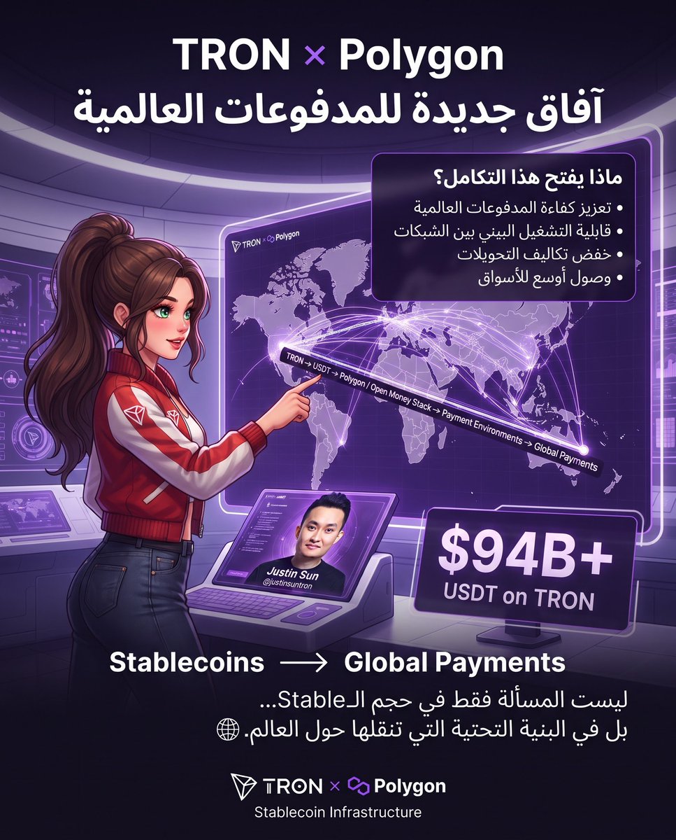 to_l_y's tweet photo. 🌐 لما البلوك تشين يبدأ يخرج من نطاق التداول إلى الاستخدام الفعلي في المدفوعات اليومية… التكامل بين الشبكات بيصبح عنصر أساسي.

وده بالضبط اللي أشار إليه @justinsuntron مع تكامل #TRON مع منصة Open Money Stack التابعة لـ Polygon.

الفكرة ببساطة إن ربط TRON بمنظومة Polygon يفتح للشركات خيارات أوسع لتحويل #USDT عبر أنظمة وبيئات دفع مختلفة. 💰

وده مهم بشكل خاص مع وجود أكثر من $94 مليار من USDT على شبكة TRON.

لأن المسألة هنا مش مجرد رقم ضخم…

لكن كلما زادت حركة الـUSDT على الشبكة، زادت أهمية وجود بنية تحتية تقدر تربط الـBlockchain بأنظمة الدفع المختلفة وتخلي التحويلات أكثر سلاسة.

🏦 بالنسبة للشركات، النوع ده من التكامل ممكن يدعم:
🔹 تحويلات USDT عبر بيئات دفع مختلفة.
🔹 حلول دفع أكثر سلاسة.
🔹 تحويلات عبر الحدود.
🔹 ربط أفضل بين البنية المالية التقليدية والبنية التحتية للـBlockchain.

والزاوية الأهم؟ 👀

الـStablecoins بتتحول تدريجيًا من مجرد أصل يتم تداوله على الشبكات إلى طبقة يمكن استخدامها في حركة الأموال والمدفوعات عالميًا.

TRON تمتلك سيولة كبيرة من USDT،
وPolygon تضيف طبقة أخرى من الاتصال مع أنظمة الدفع.

ومع ربط البنيتين معًا…

🌍 بنقرب خطوة من عالم تكون فيه الـStablecoins أسهل في الاستخدام داخل الاقتصاد العالمي.

#TRON #Polygon #USDT #Stablecoins #Blockchain #Payments
#TRON 
#TGF 
#TRONGlobalFriends
@TronDao_AR @trondao 
@justinsuntron