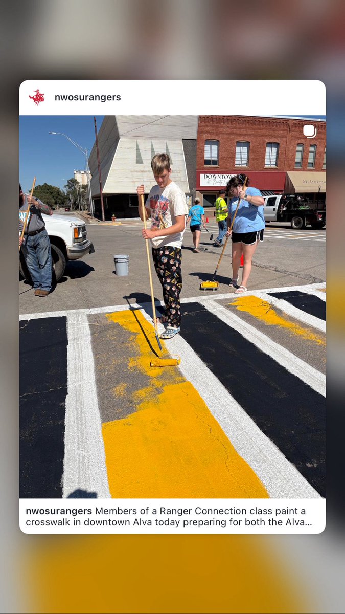 NWOSU's tweet photo. Members of a Ranger Connection class paint a crosswalk in downtown Alva today preparing for both the Alva Goldbug Homecoming celebration on Friday and the #NWOSU  Homecoming on Saturday. https://t.co/ZLiVLMXGCt