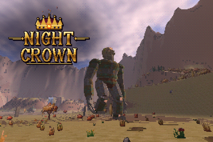 Title art for 'Night Crown' shows a pixel-art giant figure walking through a desert landscape carrying a smaller figure.