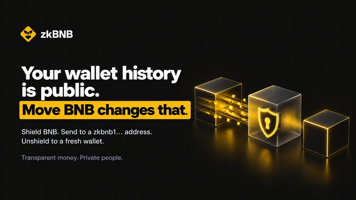 zkBNBx's tweet photo. Move BNB is how you get privacy on BNB Chain. Here's why that matters.

On BNB Chain, anyone can look up your wallet and see what you hold, who you paid and who paid you.

Move BNB changes that. Shield BNB into the pool and send it to another zkbnb1… address, and the link between sender and receiver is hidden. Unshield to a fresh wallet and nothing points back to the one you started from.

You can get paid, pay others and move your own funds without your whole history attached to every transaction.

Shields and unshields are still public, and privacy gets stronger as more people use the pool.

https://t.co/pSXgThZkHH