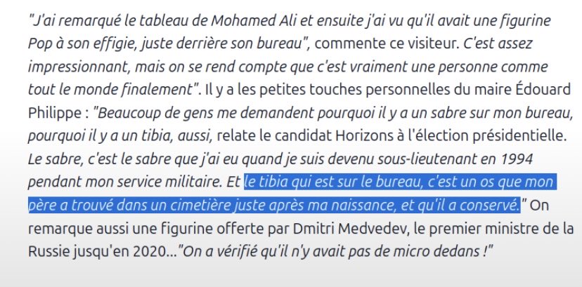 SaintMontjoie's tweet photo. « Le tibia qui est sur le bureau, c'est un os que mon père a trouvé dans un cimetière juste après ma naissance, et qu'il a conservé." Édouard Philippe 
Le père : Patrick Philippe, franc-maçon. https://t.co/FWBjfOxZa8