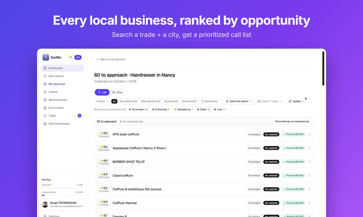 Awaken_Code's tweet photo. Building a tool that audits local business websites.

This week: it spots outdated WordPress, no online booking and slow sites, then ranks businesses by who needs a new site most.

Hardest part: Google Places API costs (~€128/mo just for testing), so I added per-search caching. https://t.co/1FoaGABssE