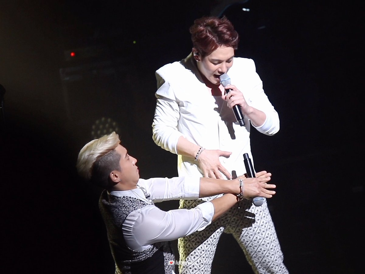 A concert photo captures a standing performer in a white suit singing into a microphone while a kneeling performer in a white shirt and patterned vest grasps his waist, watermarked 'luzhy1993'.