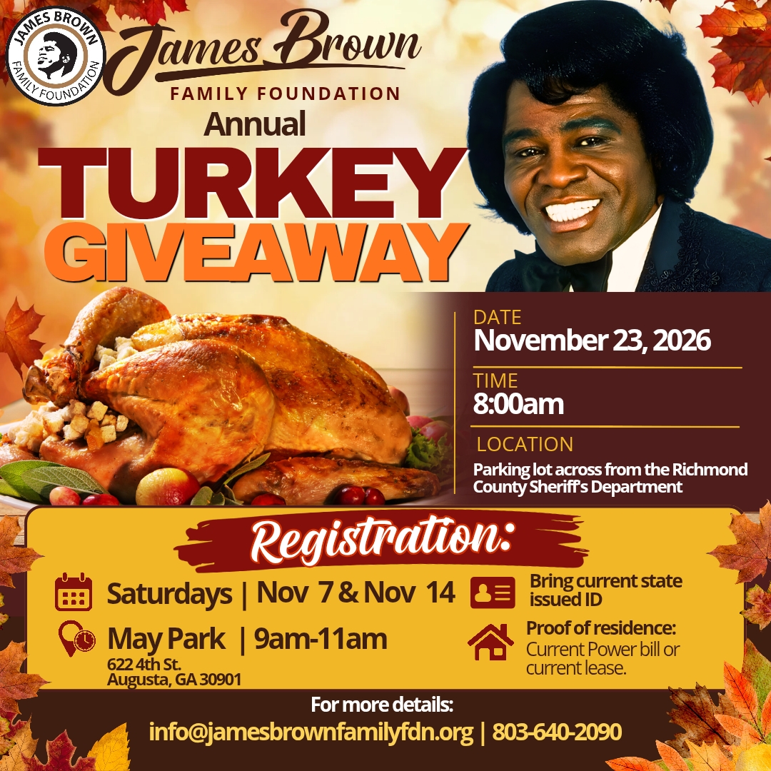JBFHtour's tweet photo. It wouldn’t be Thanksgiving without giving back! Join us for the 2026 Annual Turkey Giveaway! ❤️ 

📅 Nov 23, 2026 | ⏰ 8 AM  
📍 Parking lot across from Richmond County Sheriff’s Dept

Registration: Nov 7 &amp; 14, 9-11 AM @ May Park  
Bring ID &amp; proof of residency!

@JamesBrownFF https://t.co/yuWRM2NV05