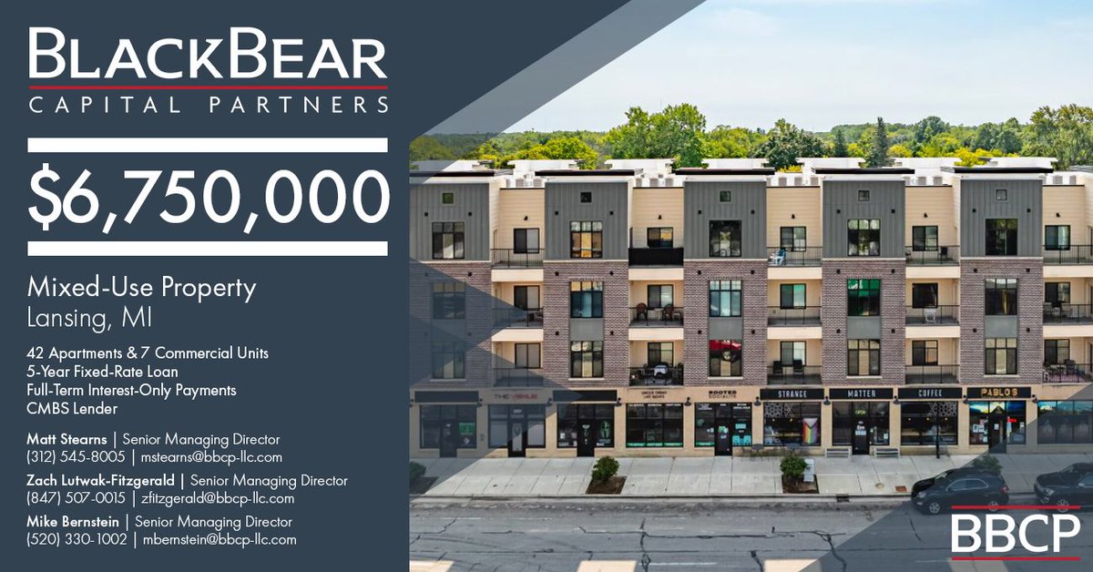 blackbear_cp's tweet photo. BBCP is pleased to announce the successful $6,750,000 #refinancing of a mixed-use property in Lansing, MI, featuring 42 apartments and 7 #commercial units.  

BBCP’s Matt Stearns, Zach Lutwak-Fitzgerald, and Mike Bernstein  arranged the #financing on behalf of the ownership. https://t.co/0WQkKyrqRu