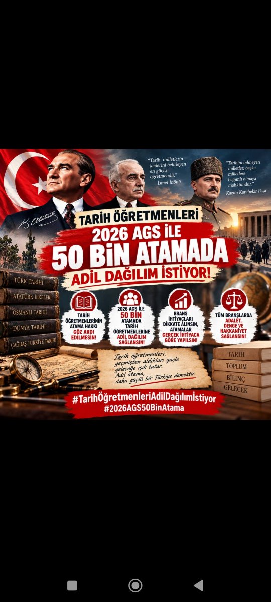 tarihogrt2026's tweet photo. Sahadaki gerçek ders yükleri ve okulların ihtiyaçları dikkate alınmalıdır. 2026 AGS sonuçlarının ardından 50 bin genel kontenjan verilmeli, adil kontenjan tanınmalıdır!
@dbdevletbahceli @PrfDrFilizKilic @orhankutuk41 @husami_husami
#AdilBranşAgs50BinBahçeliden https://t.co/lLBdWroGG7