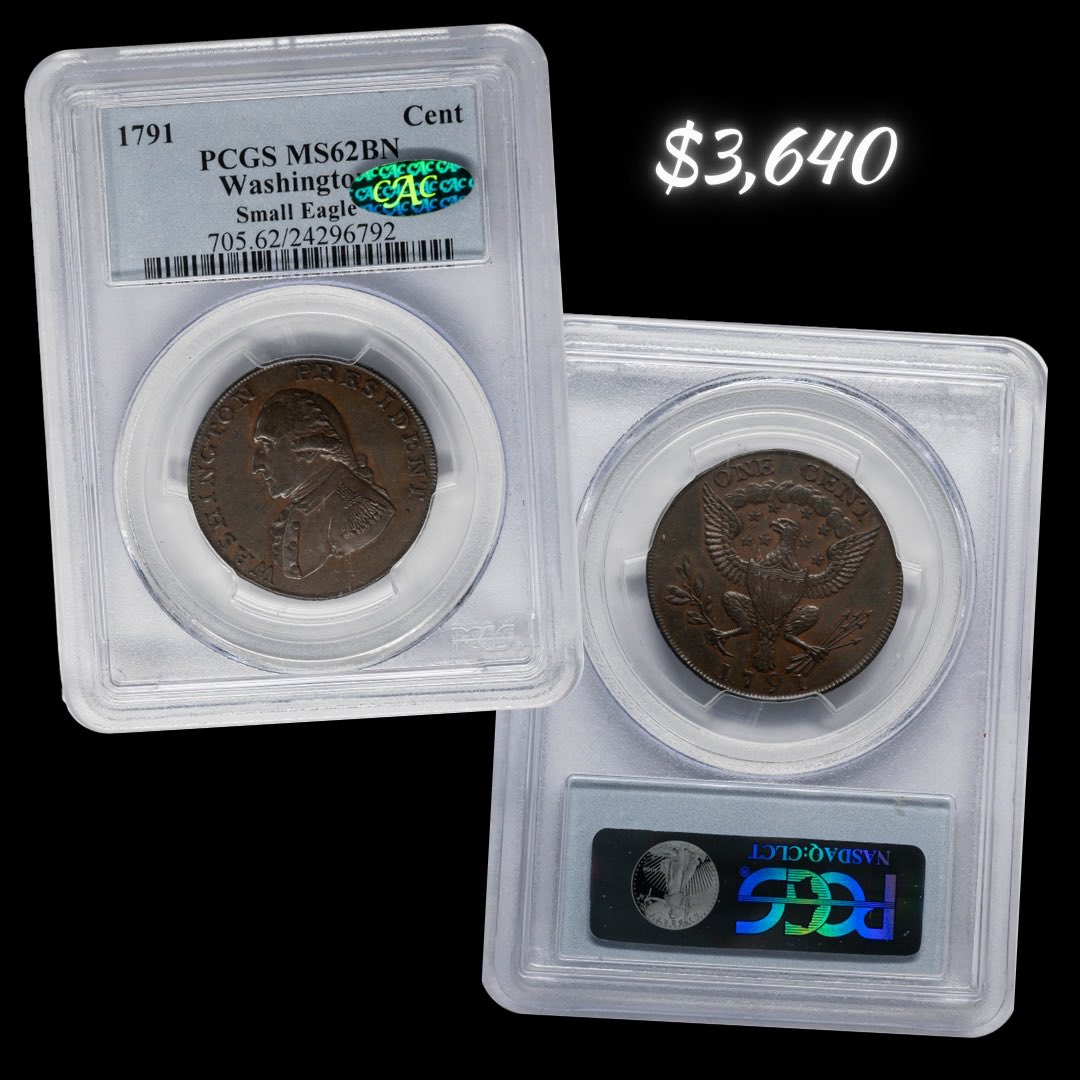 nfccoins's tweet photo. A piece of very early American history, this 1791 Washington Cent- Small Eagle MS62BN PCGS CAC was made before the establishment of the U.S. Mint.
Website: https://t.co/pZdteAY4sK
eBay: https://t.co/tbF5kftsQN
#tnfc #throwbackthursday #pcgscoin #oldcoins https://t.co/faUgJrYkAc