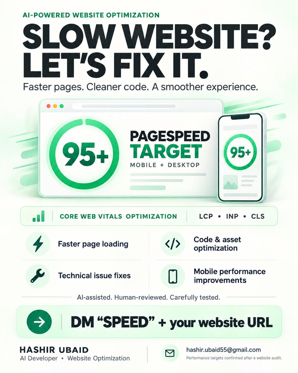 HashirUbaid2's tweet photo. Slow website? Don’t keep your customers waiting. ⚡

I fix technical issues, optimize code, and improve loading speed, with a 95+ PageSpeed target on mobile and desktop and a focus on Core Web Vitals.

AI-assisted. Human-reviewed. Carefully tested. https://t.co/MxyjpP26EV