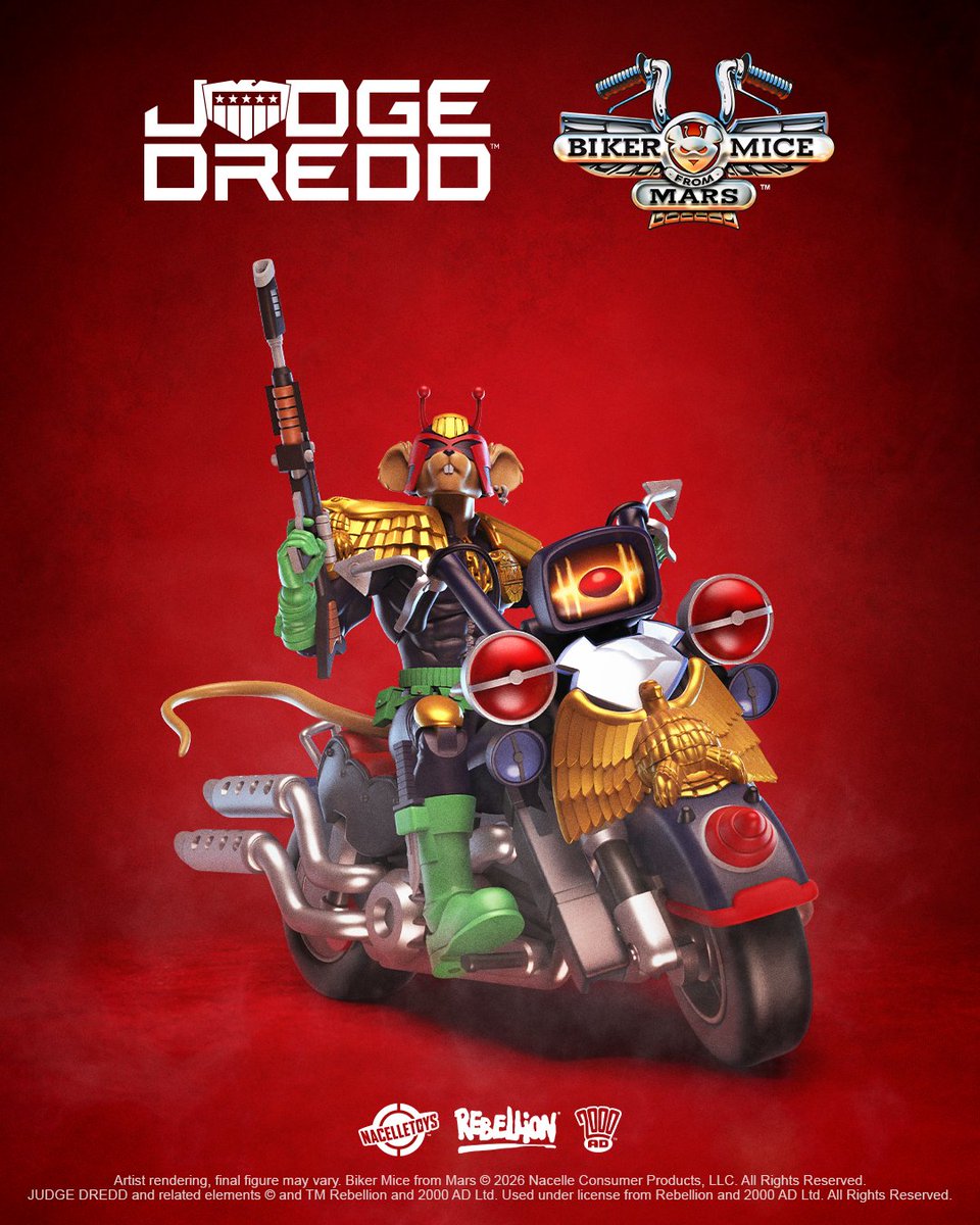 toysthatmadeus's tweet photo. We just dropped some MASSIVE news from @NY_Comic_Con! Here's your first-look at the Judge Dredd x Biker Mice from Mars action figure collab!

These figures are available to pre-order right now at https://t.co/KRA9PbMsIG and https://t.co/qArNCWhLjy!

#nacellecompany @BikerMice_ https://t.co/yyjy7Y46Hx