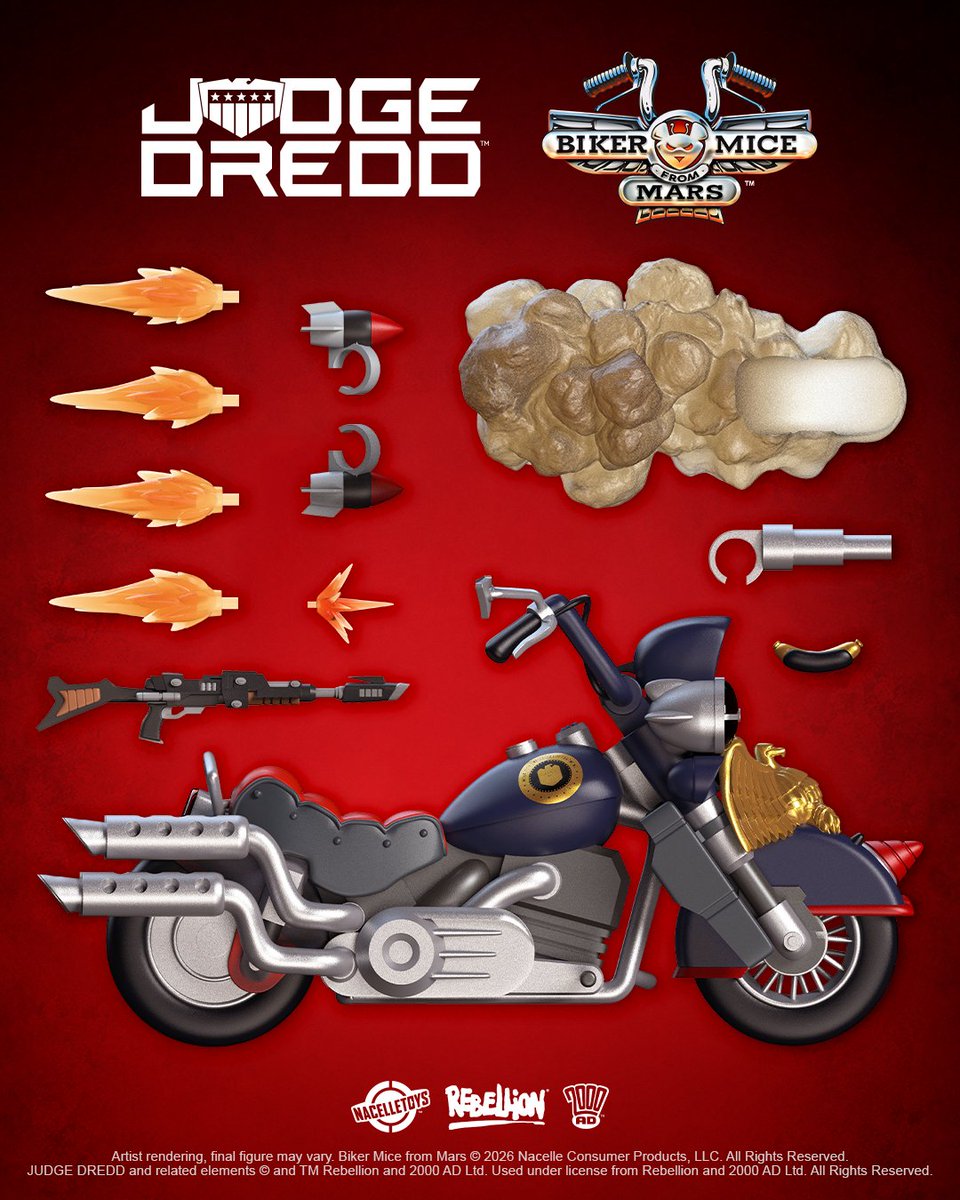 toysthatmadeus's tweet photo. We just dropped some MASSIVE news from @NY_Comic_Con! Here's your first-look at the Judge Dredd x Biker Mice from Mars action figure collab!

These figures are available to pre-order right now at https://t.co/KRA9PbMsIG and https://t.co/qArNCWhLjy!

#nacellecompany @BikerMice_ https://t.co/yyjy7Y46Hx