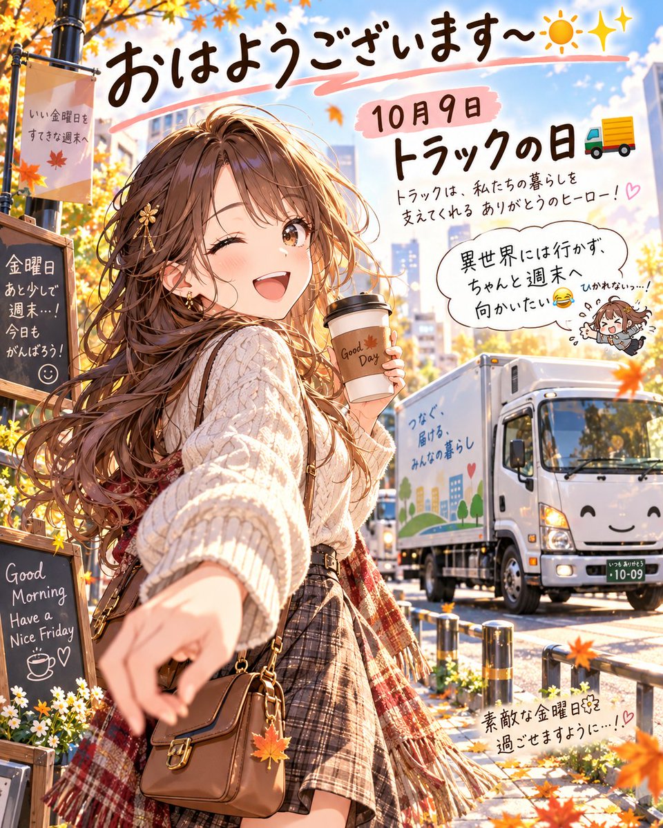 Keiko_Weigher's tweet photo. おはようございます〜☀️✨

今日は10月9日、金曜日！
「トラックの日」なんだって〜🚚

「ト(10)ラック(9)」の語呂合わせから
10月9日になったそうです☺️

でもアニメ好きの私、
「トラック」と聞くとどうしても……

異世界転生のフラグに見えてしまう🤣🤣

今日はトラックを見かけても
異世界には行かず、
ちゃんと週末へ向かいたいと思います😂🚚✨

まずはコーヒーでHP回復☕️💕
いよいよ金曜日！

今週頑張った分、
今日は無理しすぎず最後までゆるっといきましょ〜🌿✨

今日もよろしくお願いします☺️💖