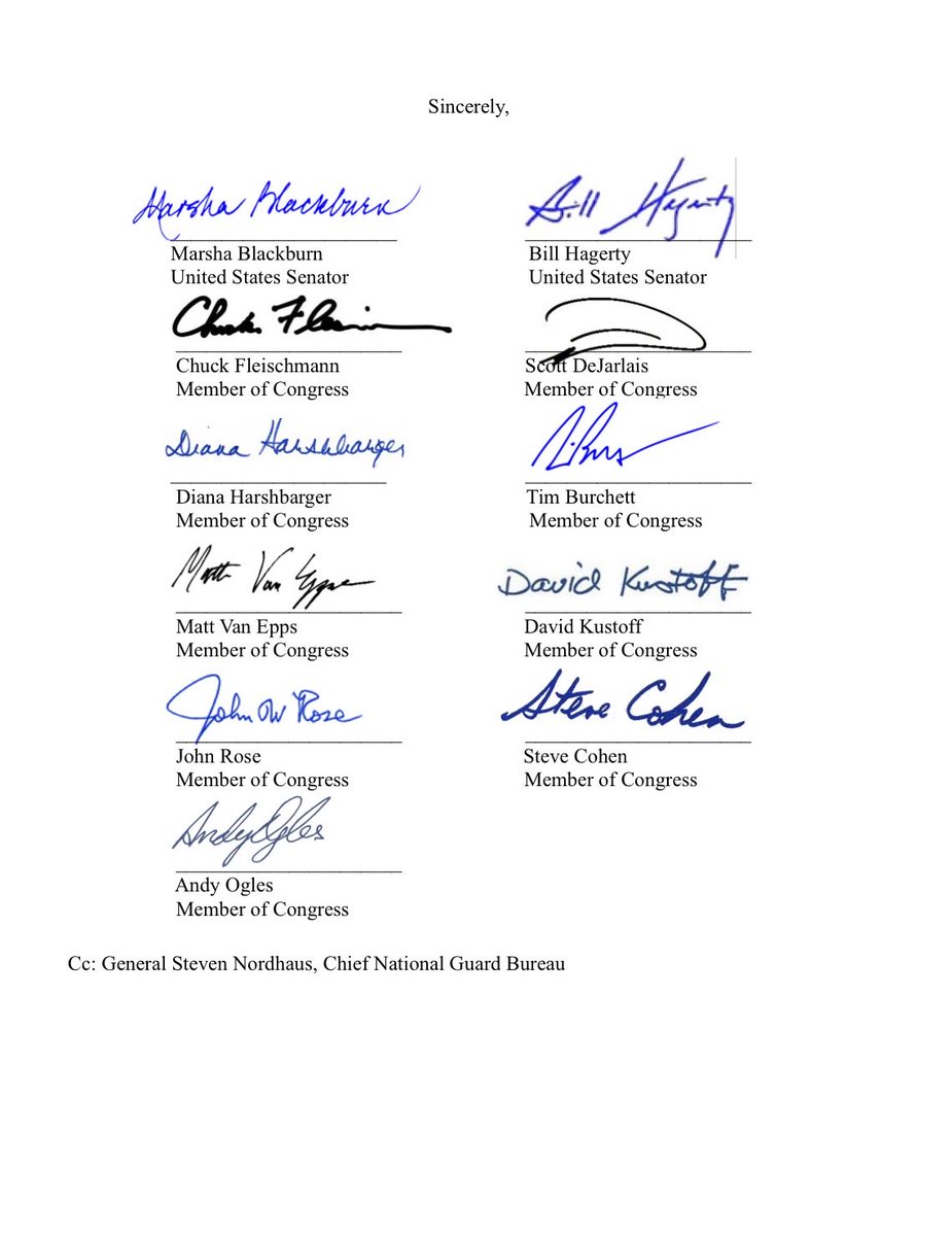 A page from a formal letter showing a closing, multiple handwritten signatures with printed names and titles beneath them, and a copied-recipient line near the bottom. The page contains text.
