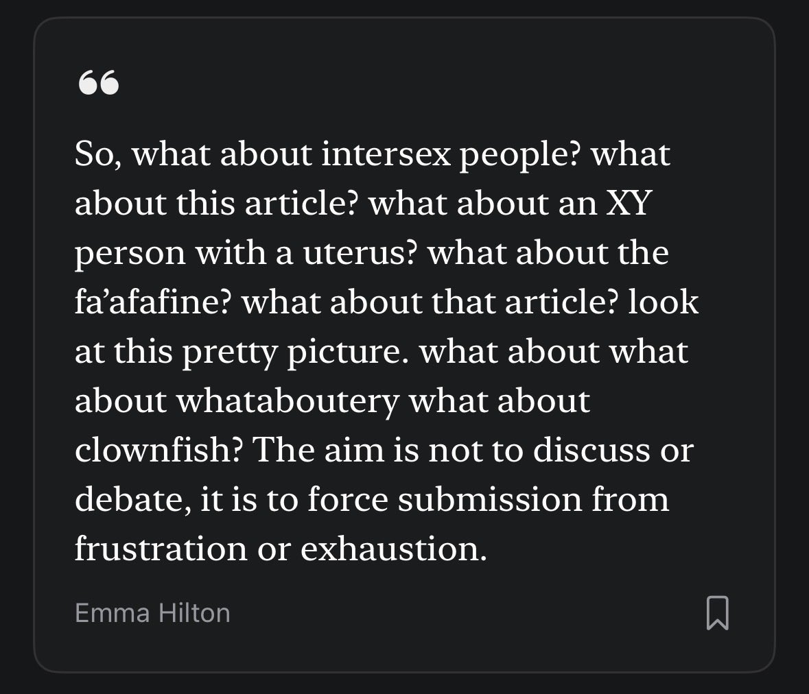 sexrealitybites's tweet photo. Emma Hilton’s article “Sex denialism: A new religion” argues that contemporary attempts to redefine or relativize biological sex resemble earlier creationist attempts to undermine evolution. Her core analogy is that both movements, in her view, take a well-established description of the natural world and try to recast it as arbitrary, socially constructed, or ideologically suspect.

“Method 3. Debate strategies like The Gish Gallop. This method is named for Duane Gish, who is a prominent creationist. What it boils down to is: throw any old argument, regardless of its validity, in quick succession at your opponent and then claim any dismissal or missed response or even hesitation in response as a score for your side. In Twitter parlance, we know this as ‘sealioning’, in political propaganda as the ‘firehose of falsehood’, although Wikipedia also suggests that it is covered by the term ‘bullshit’”…