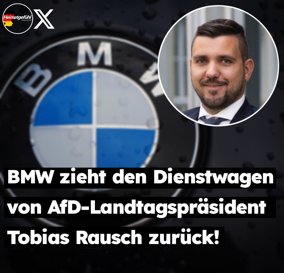 HeimatliebeDE's tweet photo. SKANDAL!

BMW zieht den Dienstwagen von AfD-Landtagspräsident Tobias Rausch zurück!

Der Konzern stornierte nach Rauschs Wahl sein Vertragsangebot.

Dazu muss man wissen:
BMW wurde während der NS-Zeit zu einem wichtigen Rüstungsunternehmen und profitierte massiv von der deutschen Aufrüstung.

BMW produzierte Motorräder für die Wehrmacht, insbesondere das BMW-R75-Gespann.

Von 1938 bis 1940 produzierte BMW außerdem den BMW 325, einen Einheits-Pkw, der für die Wehrmacht bestimmt war.

Aber der AfD, einer demokratischen Partei, einen Dienstwagen zu verwehren, das ist alles nur noch absurd.

Aber immer weiter so.
Go woke. Go broke!