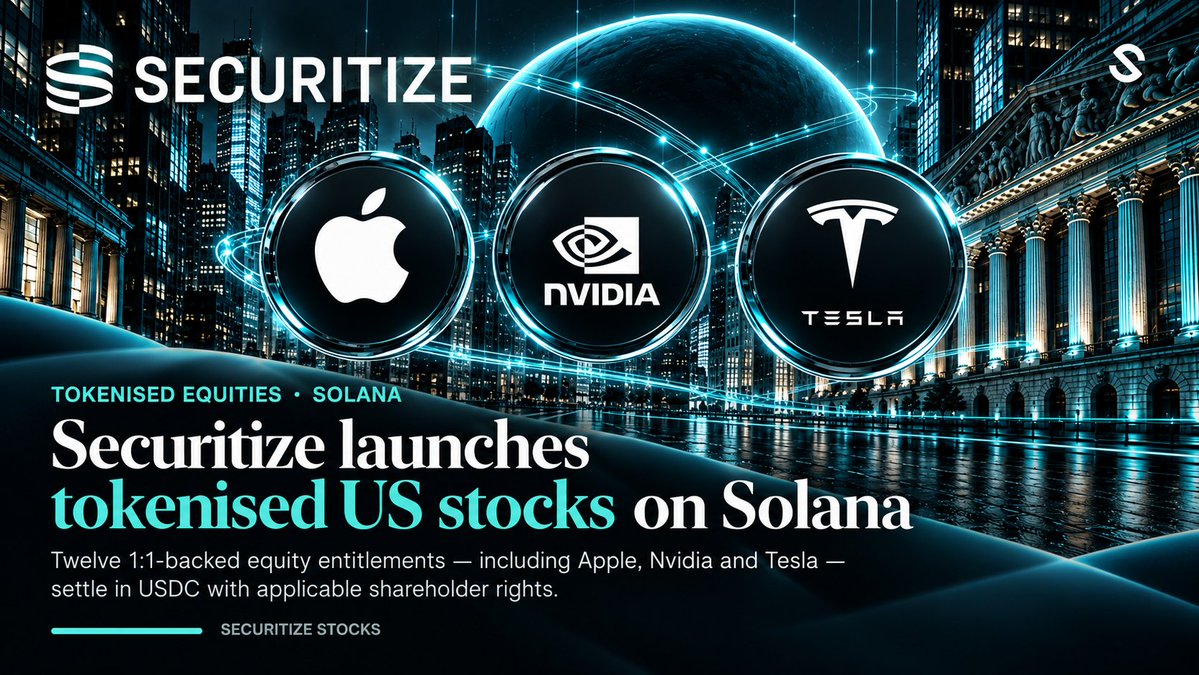 SLICERWA's tweet photo. 🚨 Wall Street meets Solana.

Securitize has launched 12 tokenised US equities, including Apple, Nvidia and Tesla, on the Solana blockchain.

Each token offers 1:1-backed equity exposure, with USDC settlement and applicable shareholder rights.

Another major step towards bringing traditional capital markets on-chain.

#Tokenization #RWA #Solana #DeFi #Fintech