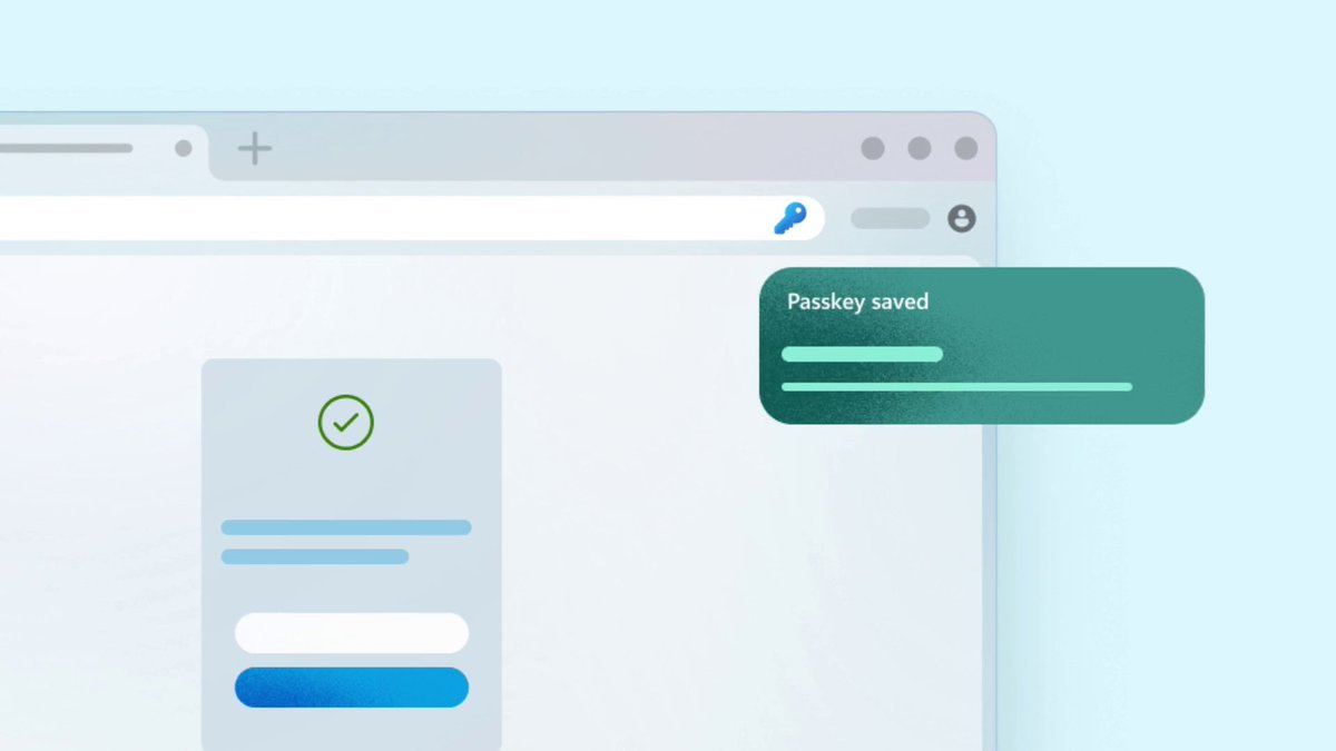 A Google Chrome browser window displays a login interface with a green checkmark, while a teal notification pop-up confirms "Passkey saved," illustrating the simple, phishing-resistant sign-in method promoted in Microsoft's post about using passkeys.