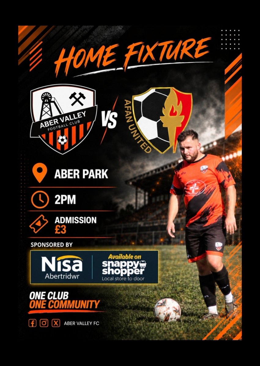aber_valley_fc's tweet photo. We're back in action and at home this Saturday
Thanks to NISA LOCAL Abertridwr for your sponsorship 🤝⚫️🟠
#COTA #OneClubOneCommunity https://t.co/xvwbSUQkxg